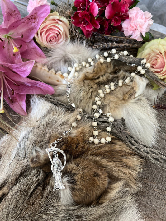 Santa Muerte Blanca Rosary with Bone Beads + Blessed + Sterling Silver Plated Chain + Handcrafted + Rosario