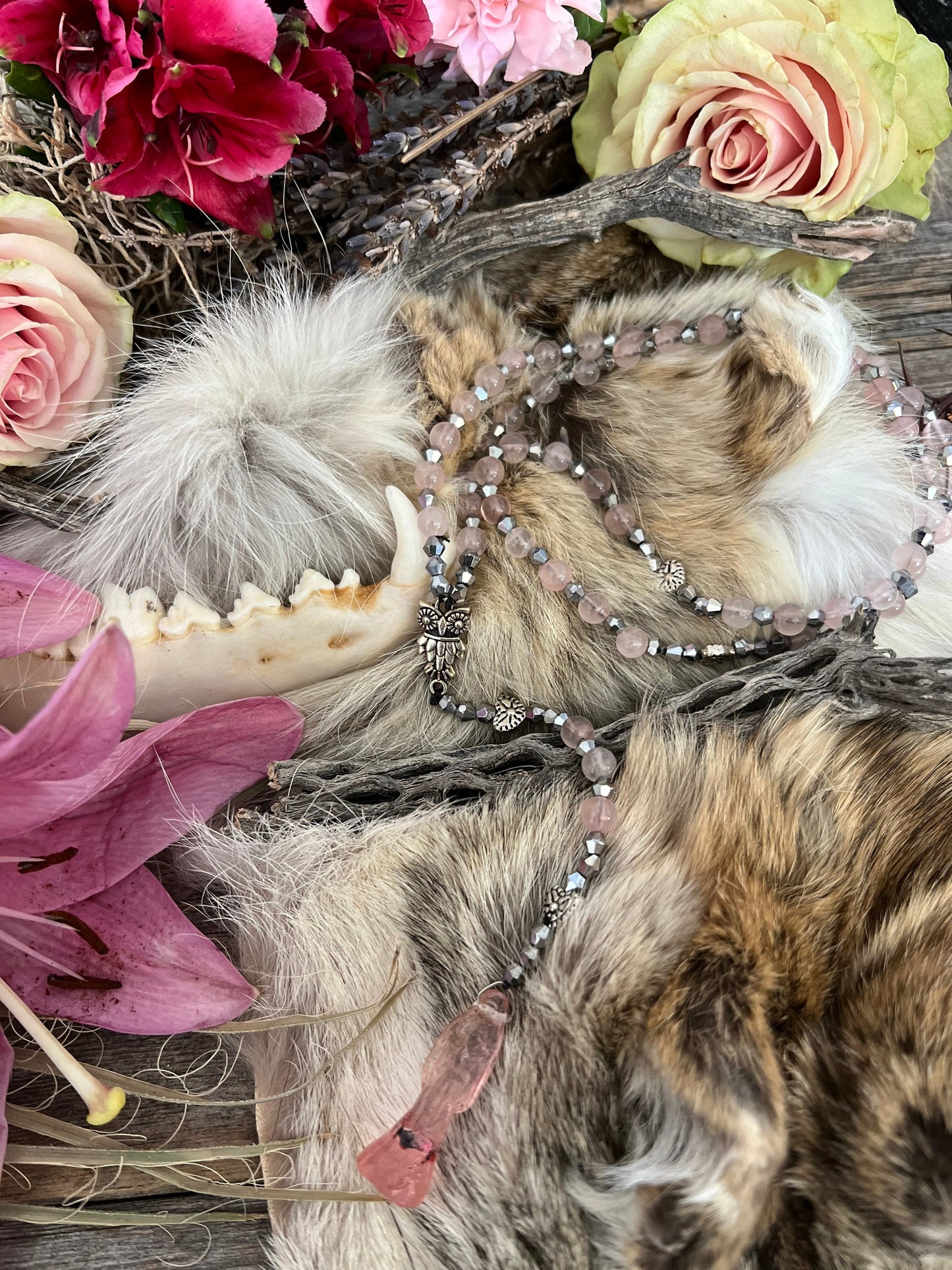 Santa Muerte Rosada Rose Quartz / Pink Rosary de Hilo + Transparent + Sterling Silver Plated Chain + Handcrafted + Gemstone + Rosario