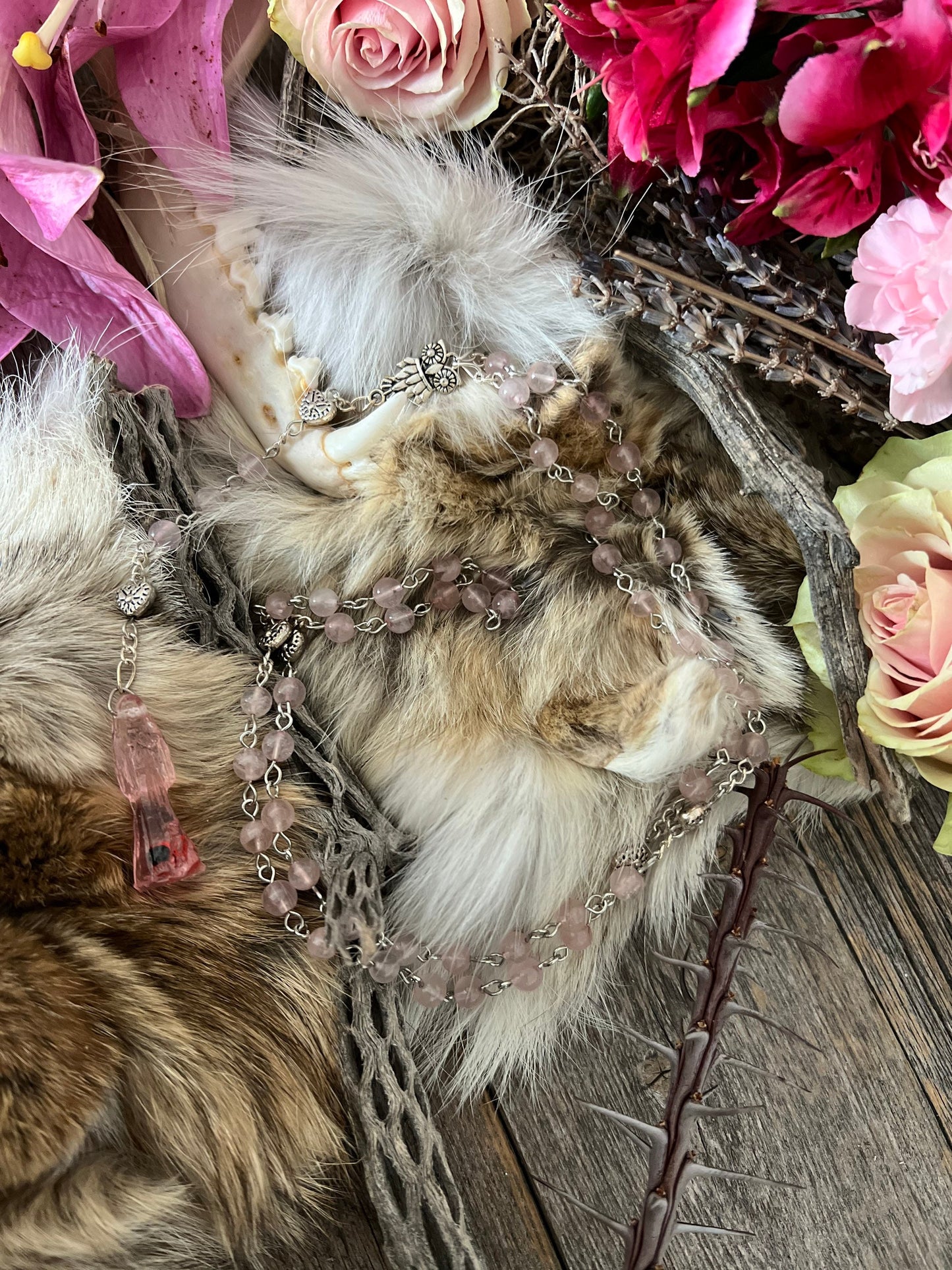 Santa Muerte Rosada Rose Quartz / Pink Rosary + Transparent + Sterling Silver Plated Chain + Handcrafted + Gemstone + Rosario