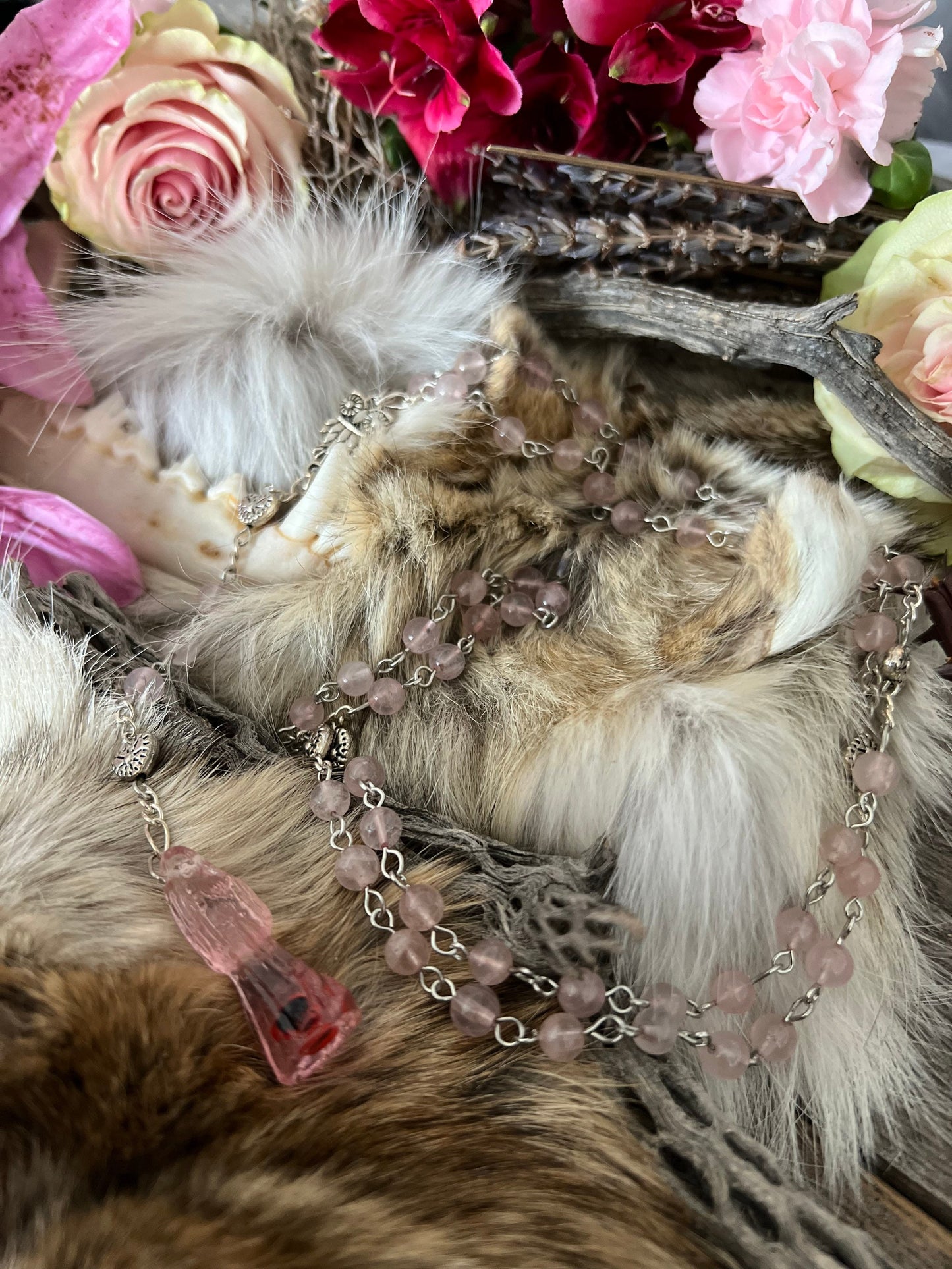 Santa Muerte Rosada Rose Quartz / Pink Rosary + Transparent + Sterling Silver Plated Chain + Handcrafted + Gemstone + Rosario