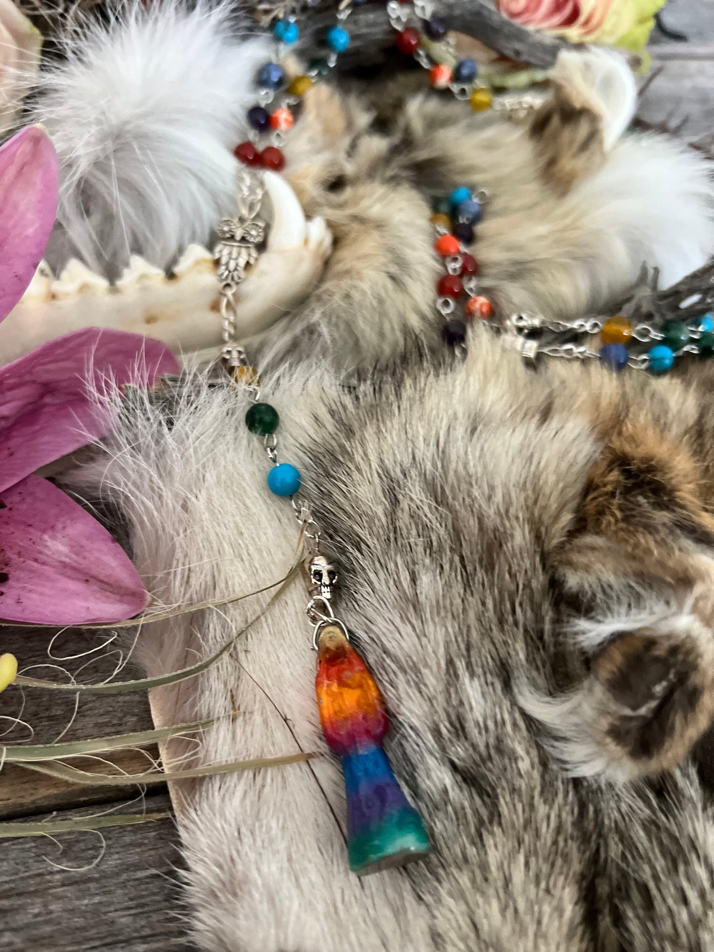 Santa Muerte Siete Colores Rosary + Blessed + Gemstone + Sterling Silver Plated Chain + Handcrafted + Rosario