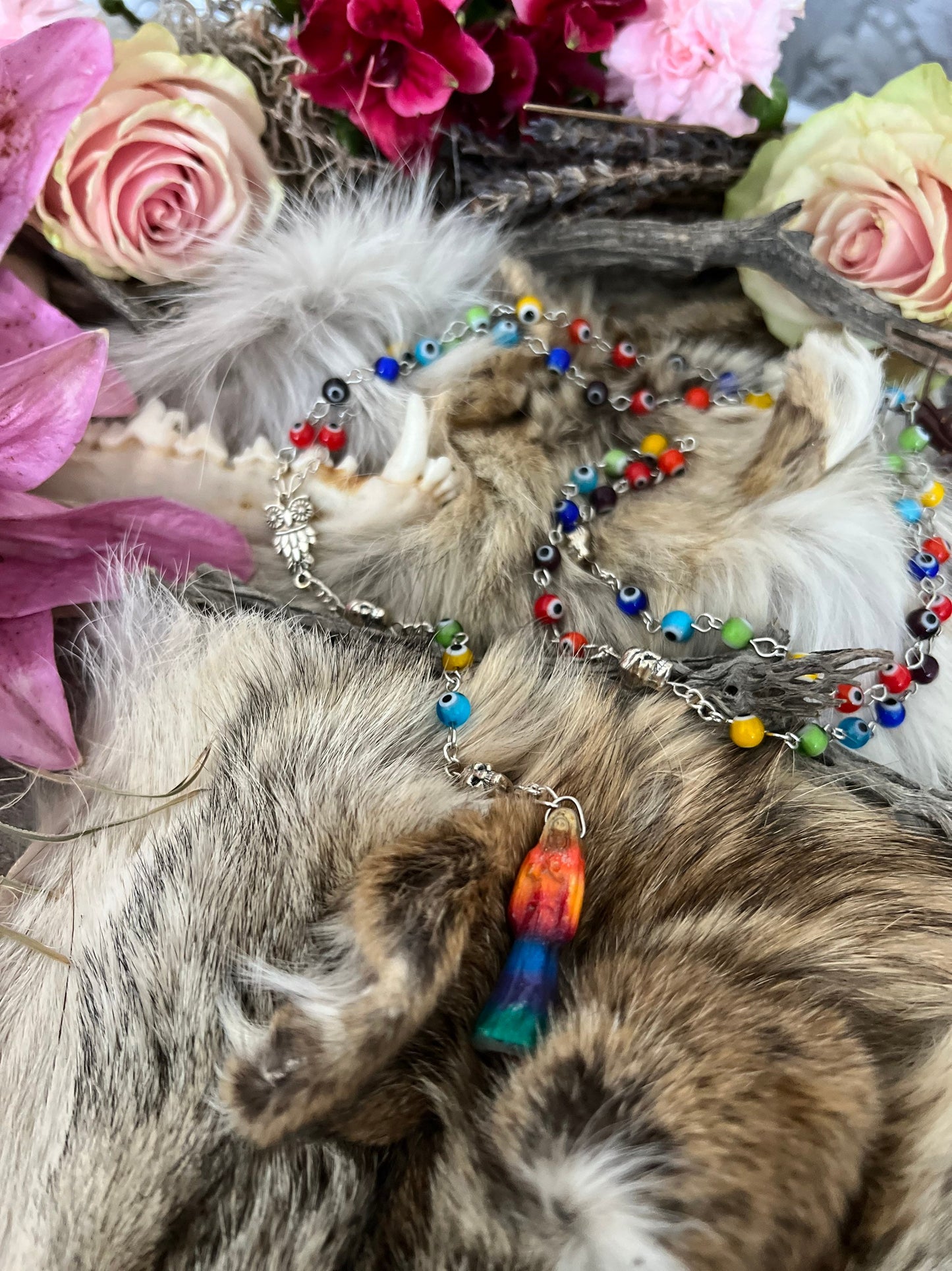 Santa Muerte Siete Colores Evil Eye Rosary + Blessed + Sterling Silver Plated Chain + Handcrafted + Rosario