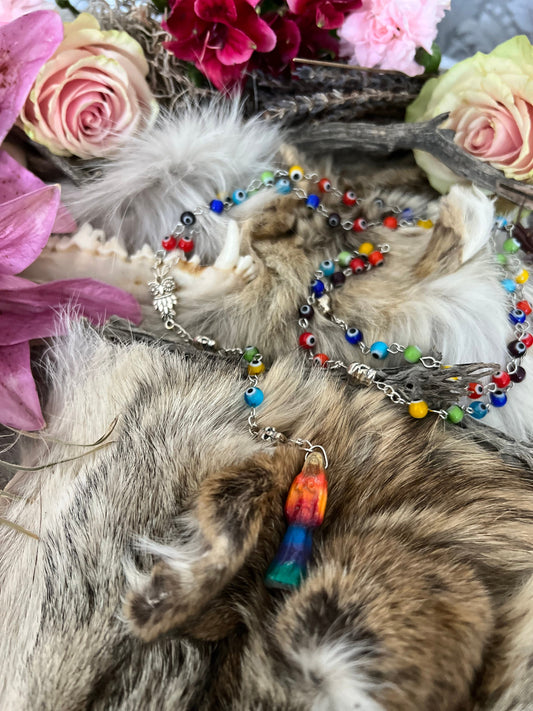 Santa Muerte Siete Colores Evil Eye Rosary + Blessed + Sterling Silver Plated Chain + Handcrafted + Rosario