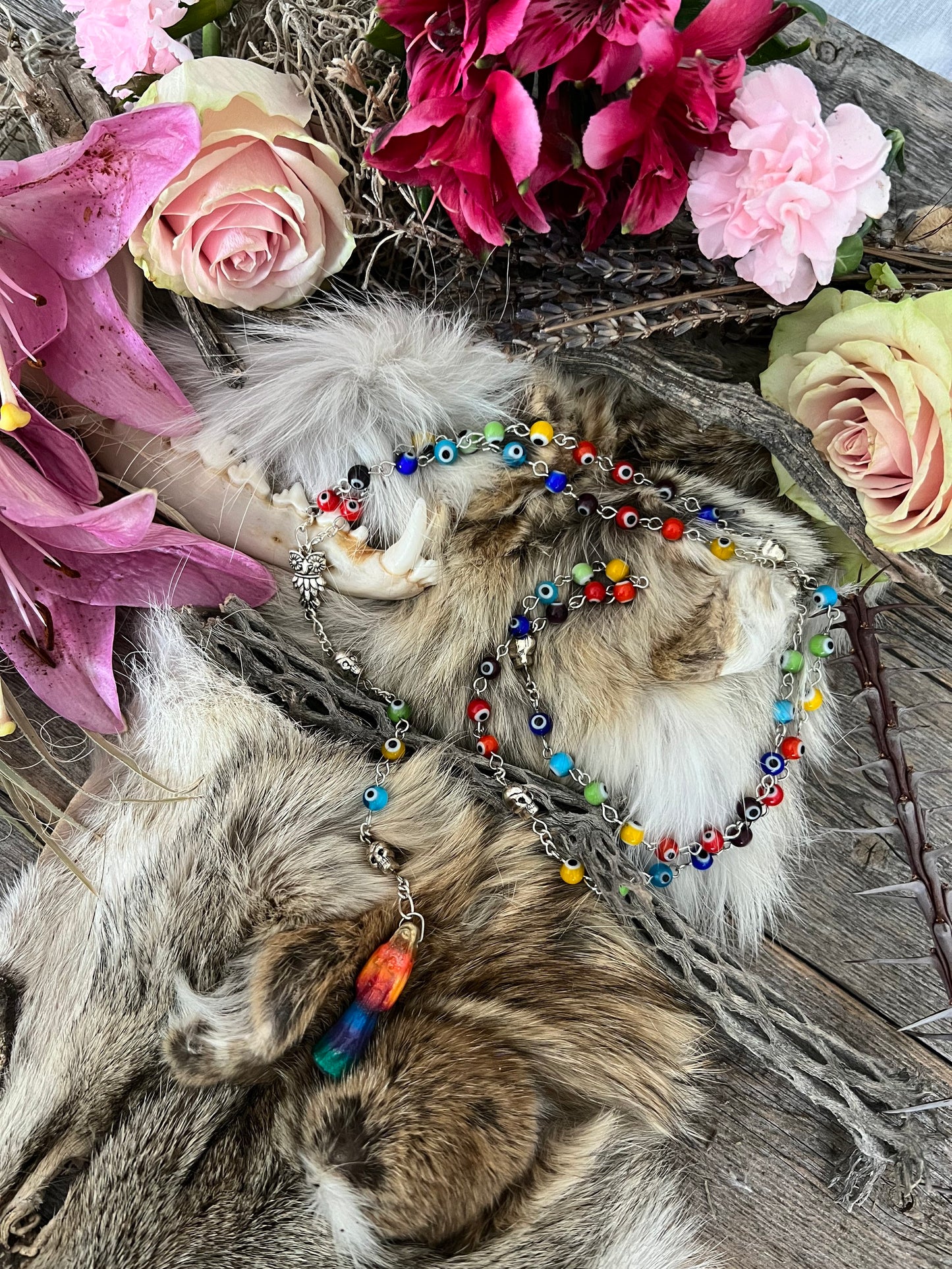 Santa Muerte Siete Colores Evil Eye Rosary + Blessed + Sterling Silver Plated Chain + Handcrafted + Rosario