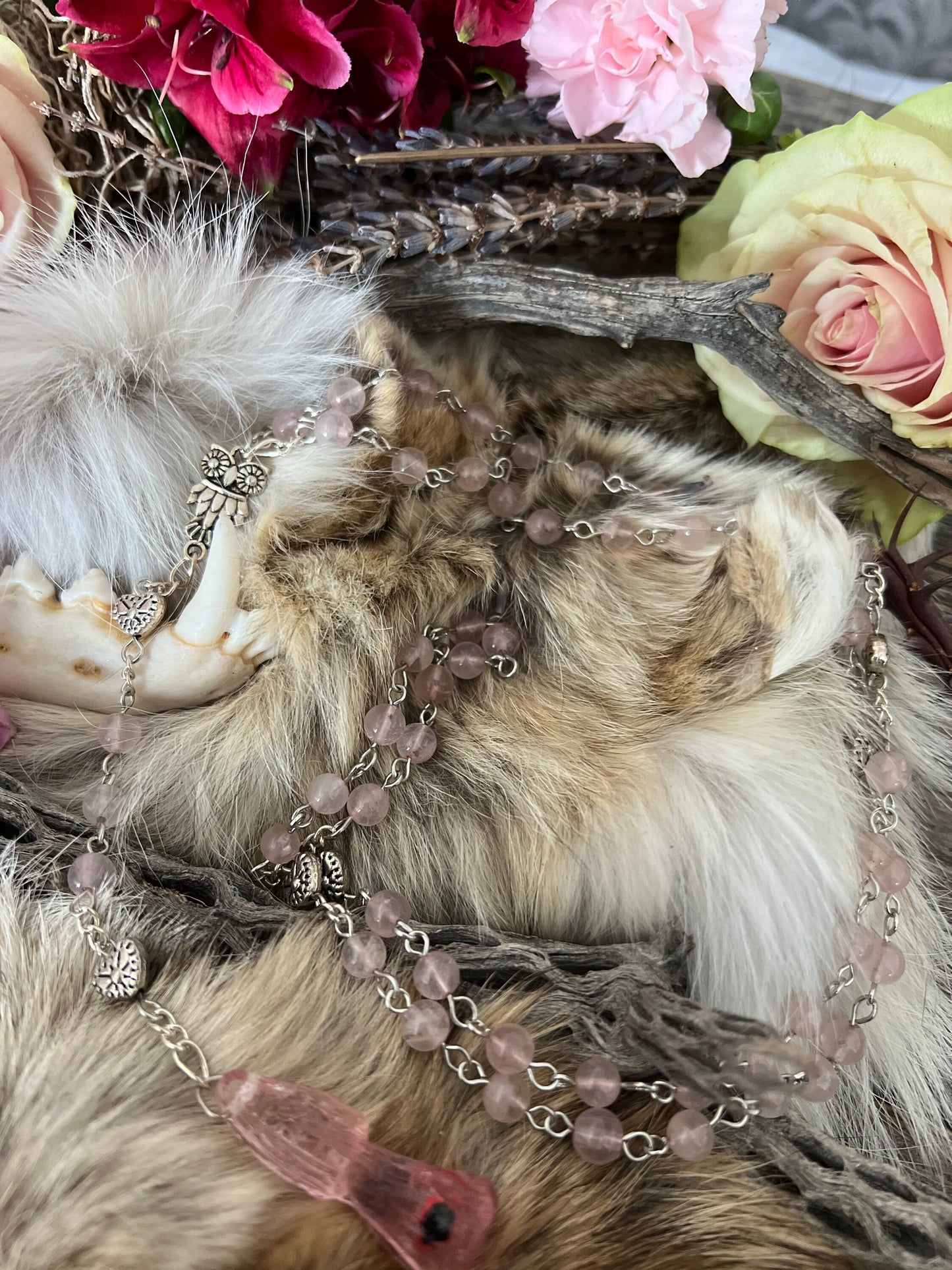 Santa Muerte Rosada Rose Quartz / Pink Rosary + Transparent + Sterling Silver Plated Chain + Handcrafted + Gemstone + Rosario