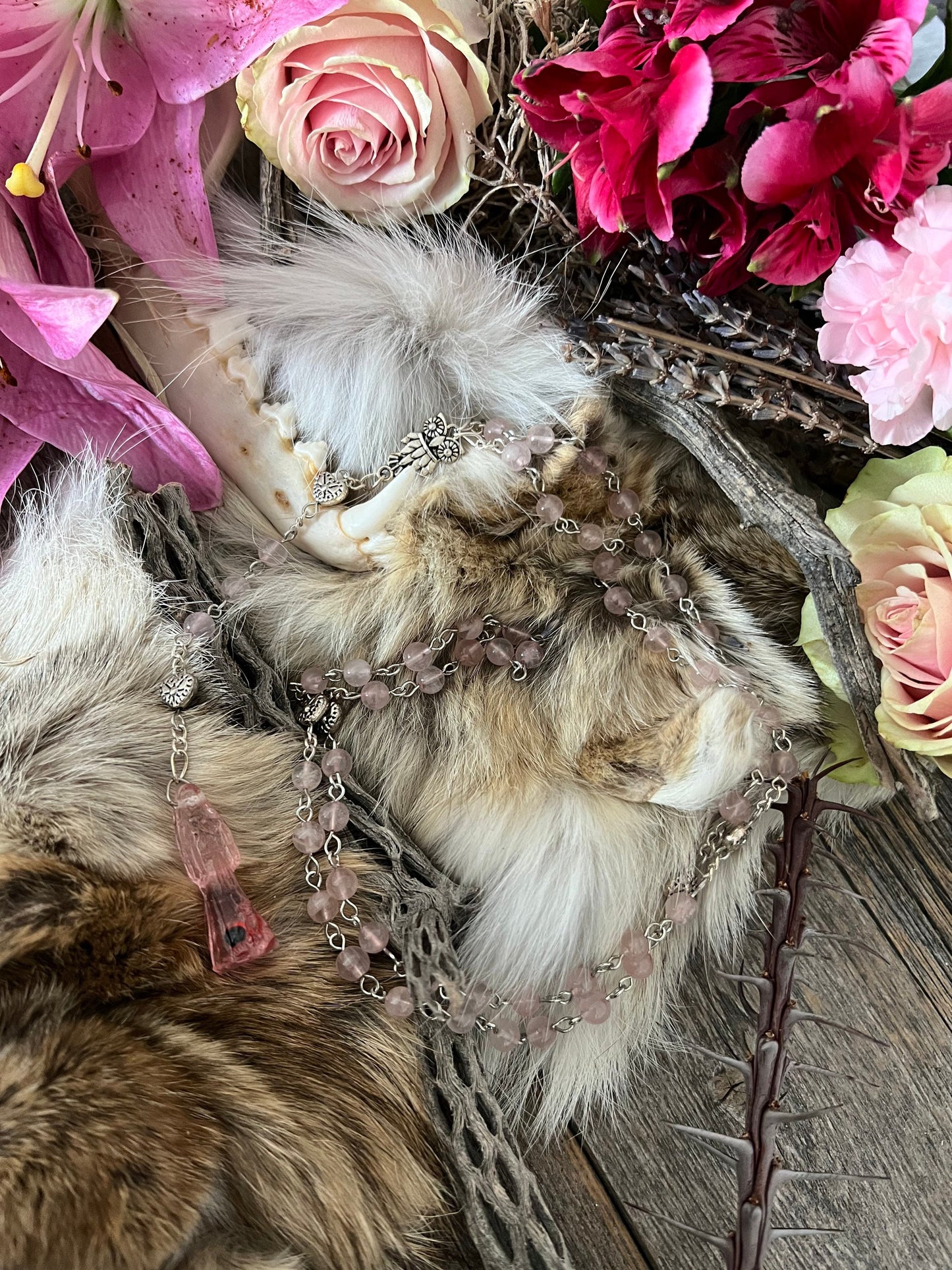 Santa Muerte Rosada Rose Quartz / Pink Rosary + Transparent + Sterling Silver Plated Chain + Handcrafted + Gemstone + Rosario