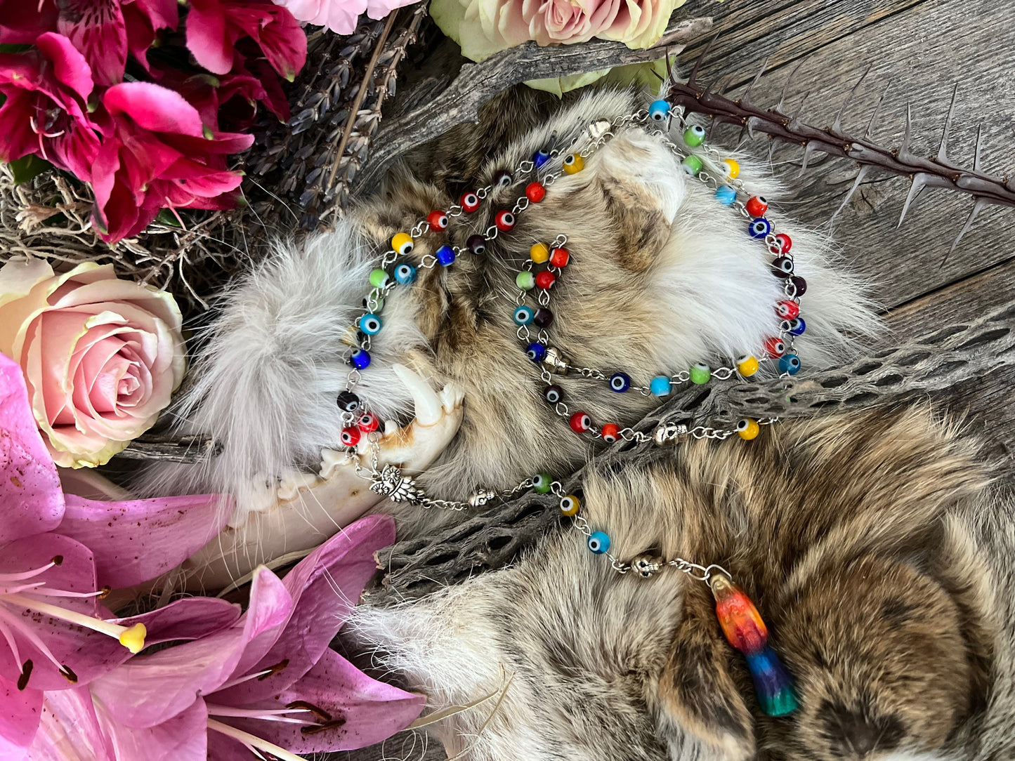 Santa Muerte Siete Colores Evil Eye Rosary + Blessed + Sterling Silver Plated Chain + Handcrafted + Rosario