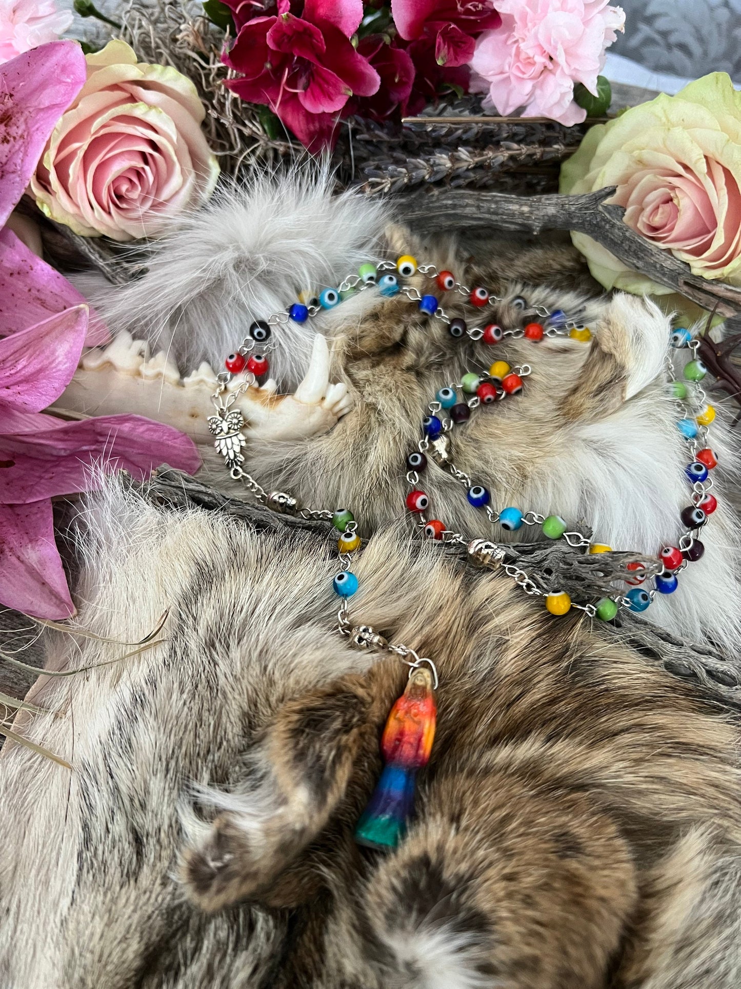Santa Muerte Siete Colores Evil Eye Rosary + Blessed + Sterling Silver Plated Chain + Handcrafted + Rosario