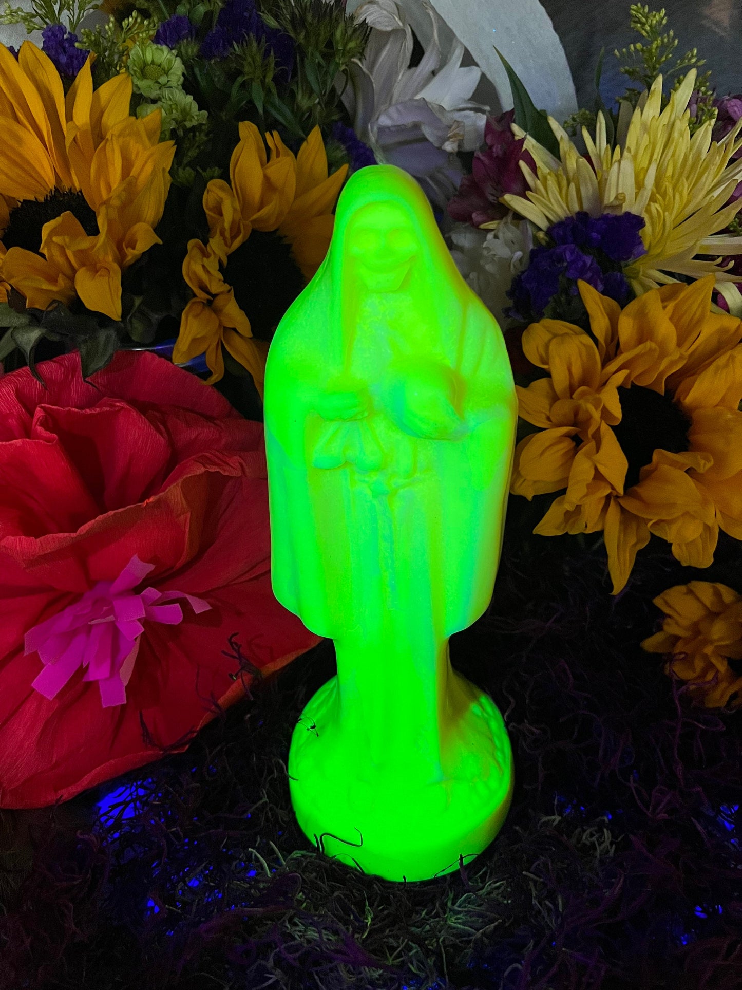 Neon Santa Muerte Figure Candle + Blessed + Glows under Blacklight