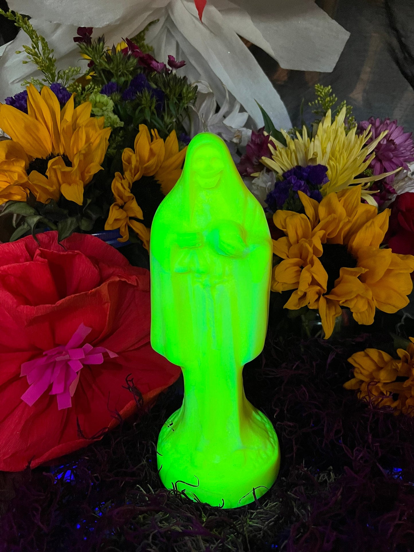 Neon Santa Muerte Figure Candle + Blessed + Glows under Blacklight