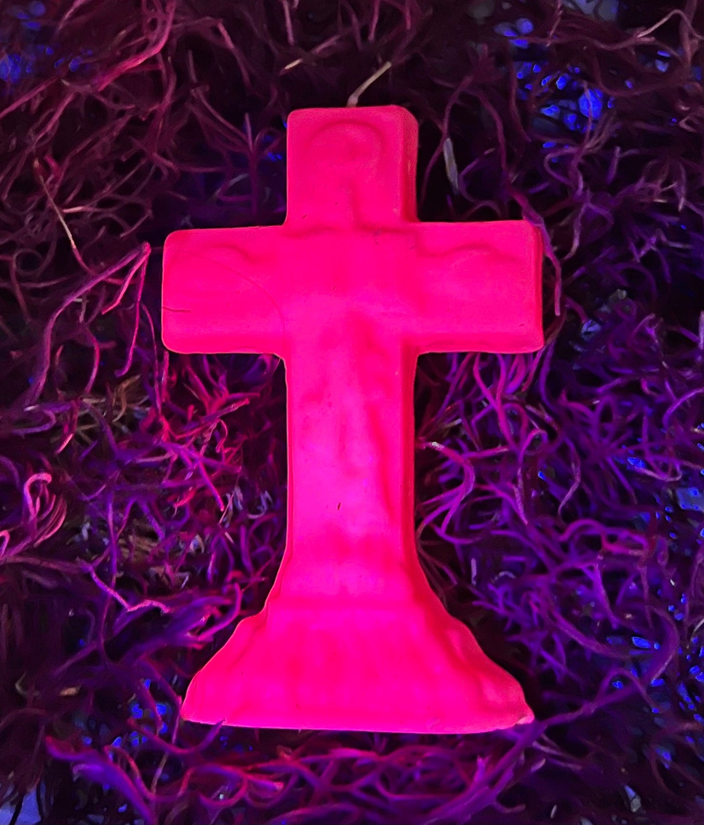 Neon Crucifix Candle + Cross + Hoodoo + Conjure + Glows Under Blacklight