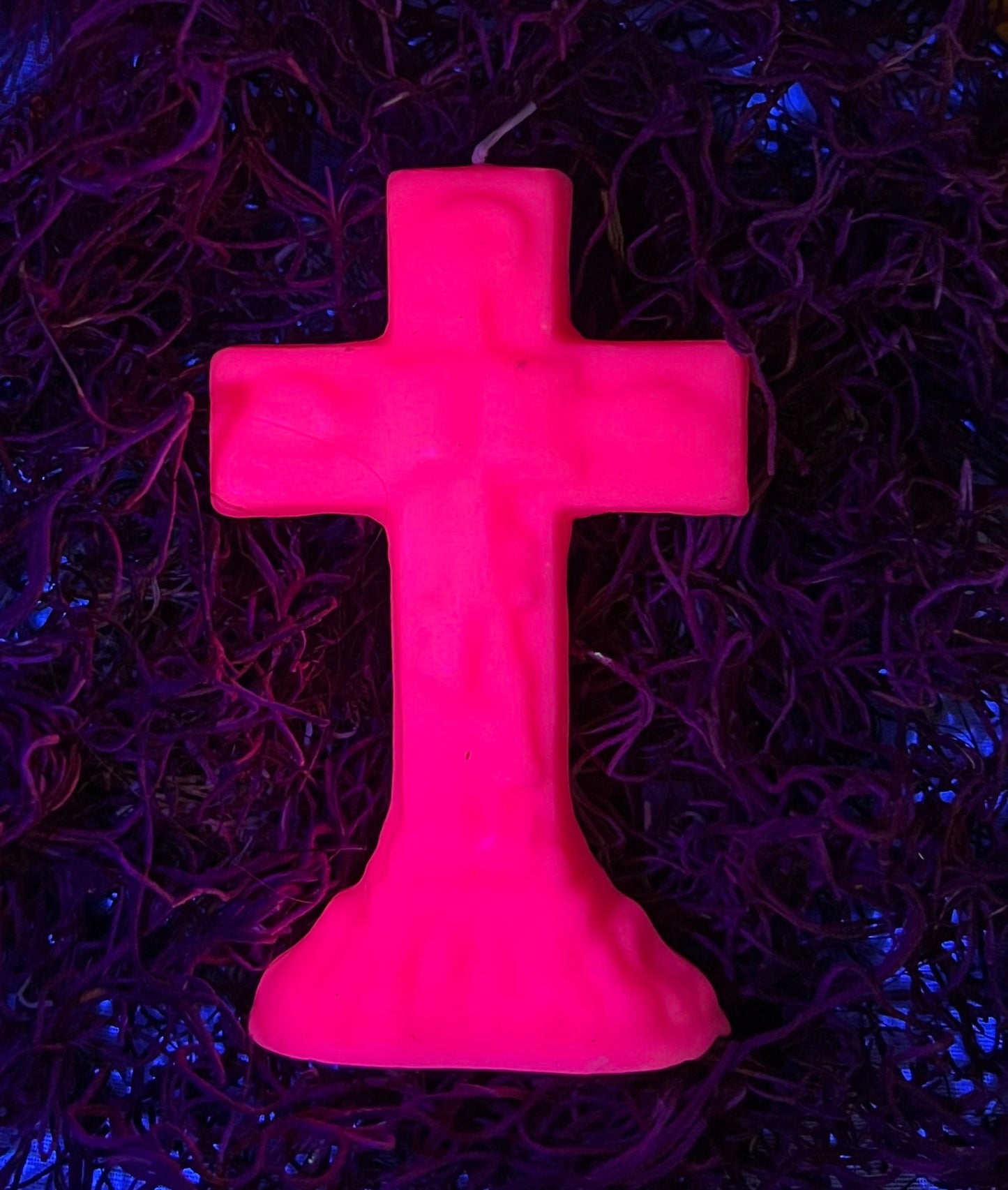 Neon Crucifix Candle + Cross + Hoodoo + Conjure + Glows Under Blacklight