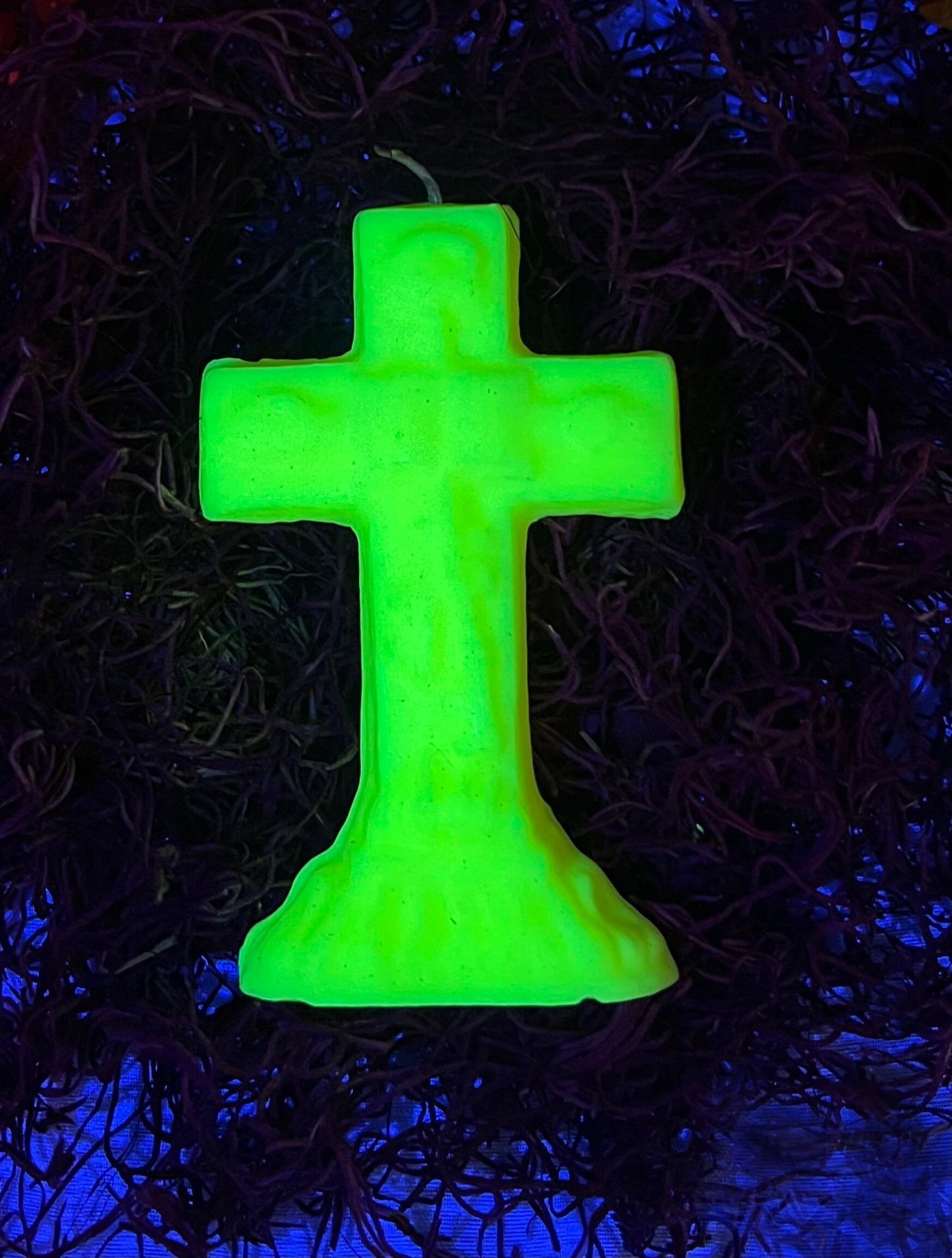 Neon Crucifix Candle + Cross + Hoodoo + Conjure + Glows Under Blacklight
