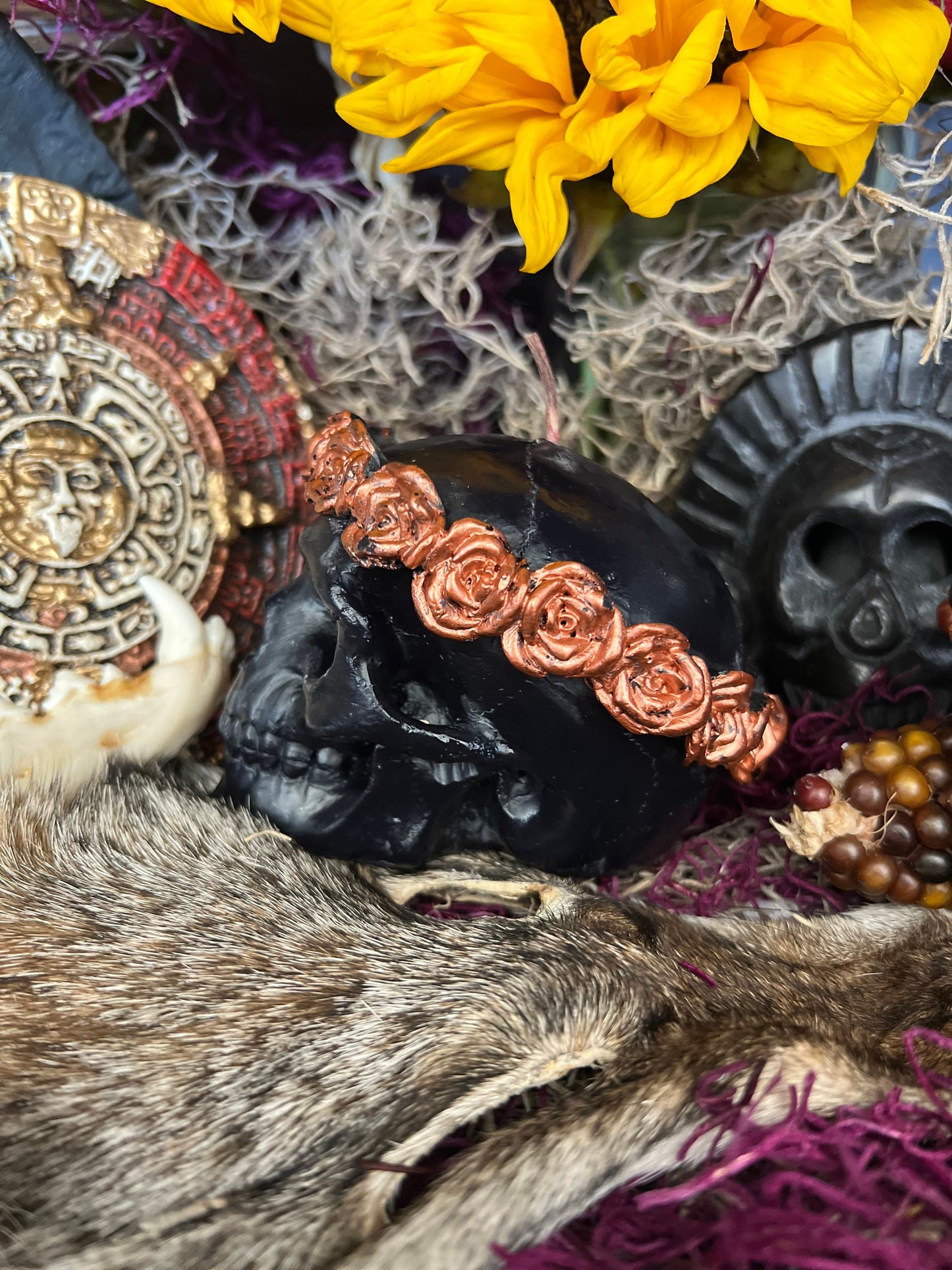 Skull Candle with Copper Roses + Hand Painted