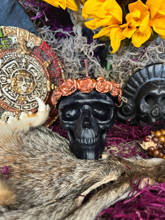 Skull Candle with Copper Roses + Hand Painted