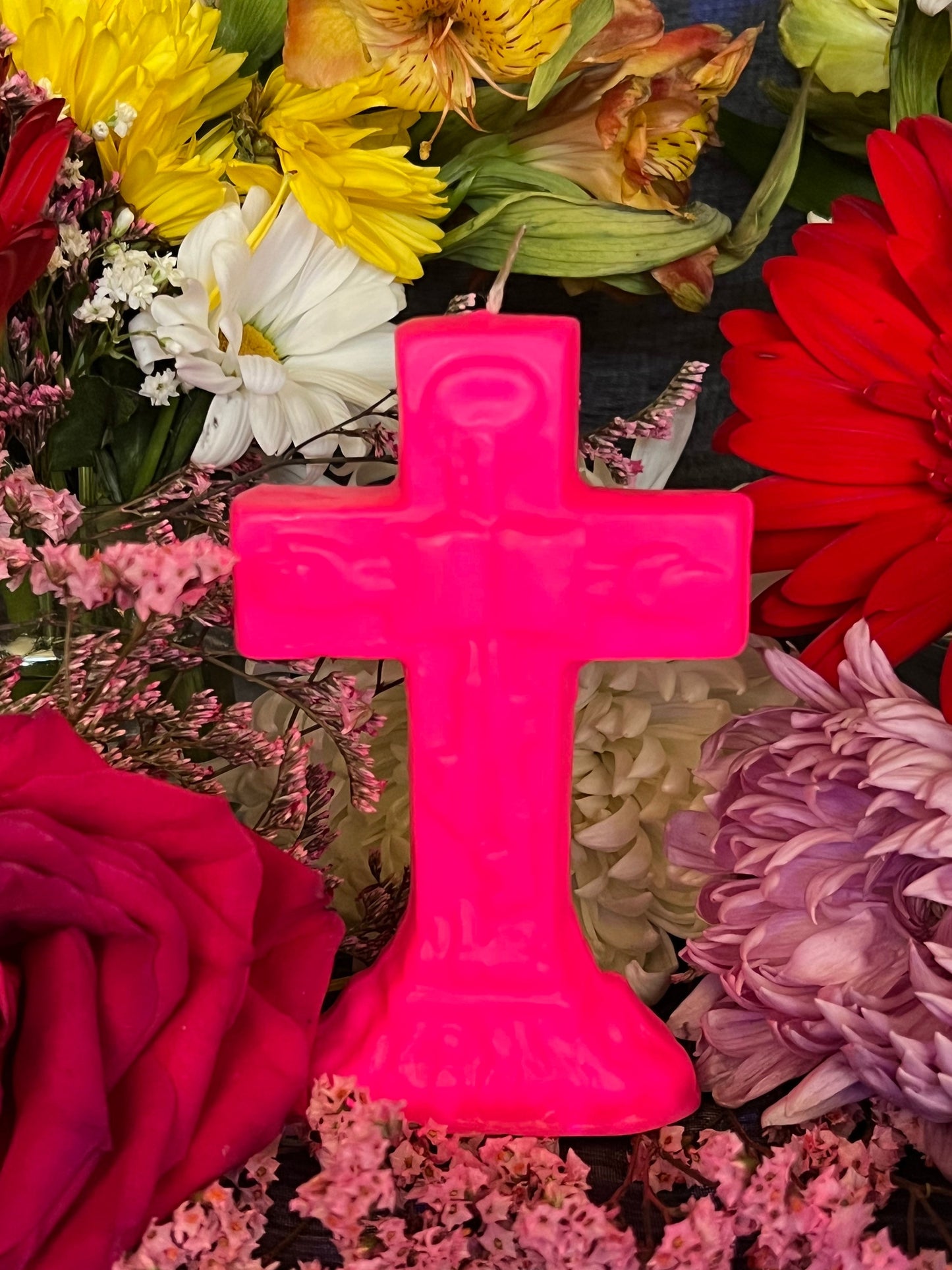 Neon Crucifix Candle + Cross + Hoodoo + Conjure + Glows Under Blacklight
