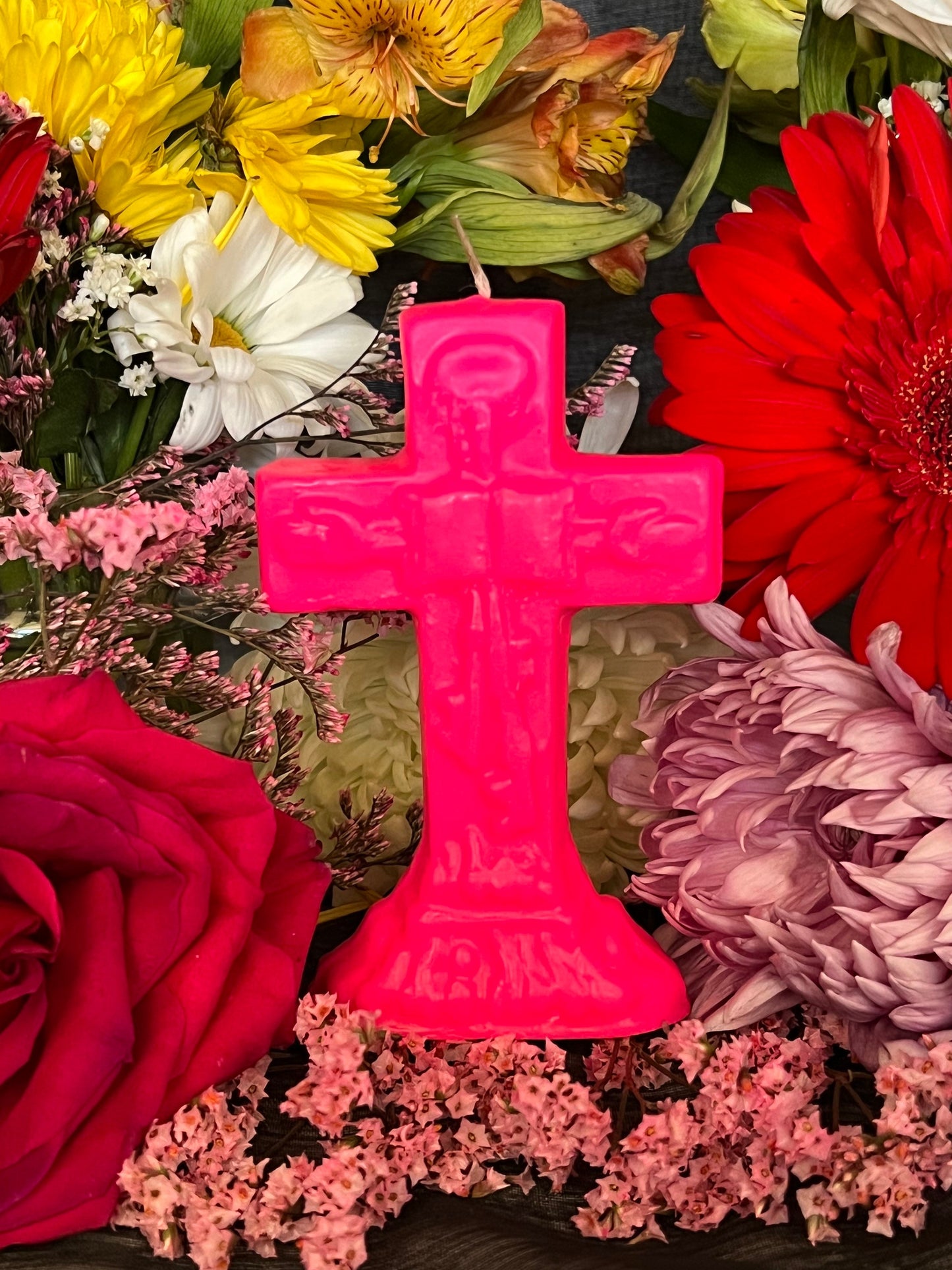 Neon Crucifix Candle + Cross + Hoodoo + Conjure + Glows Under Blacklight
