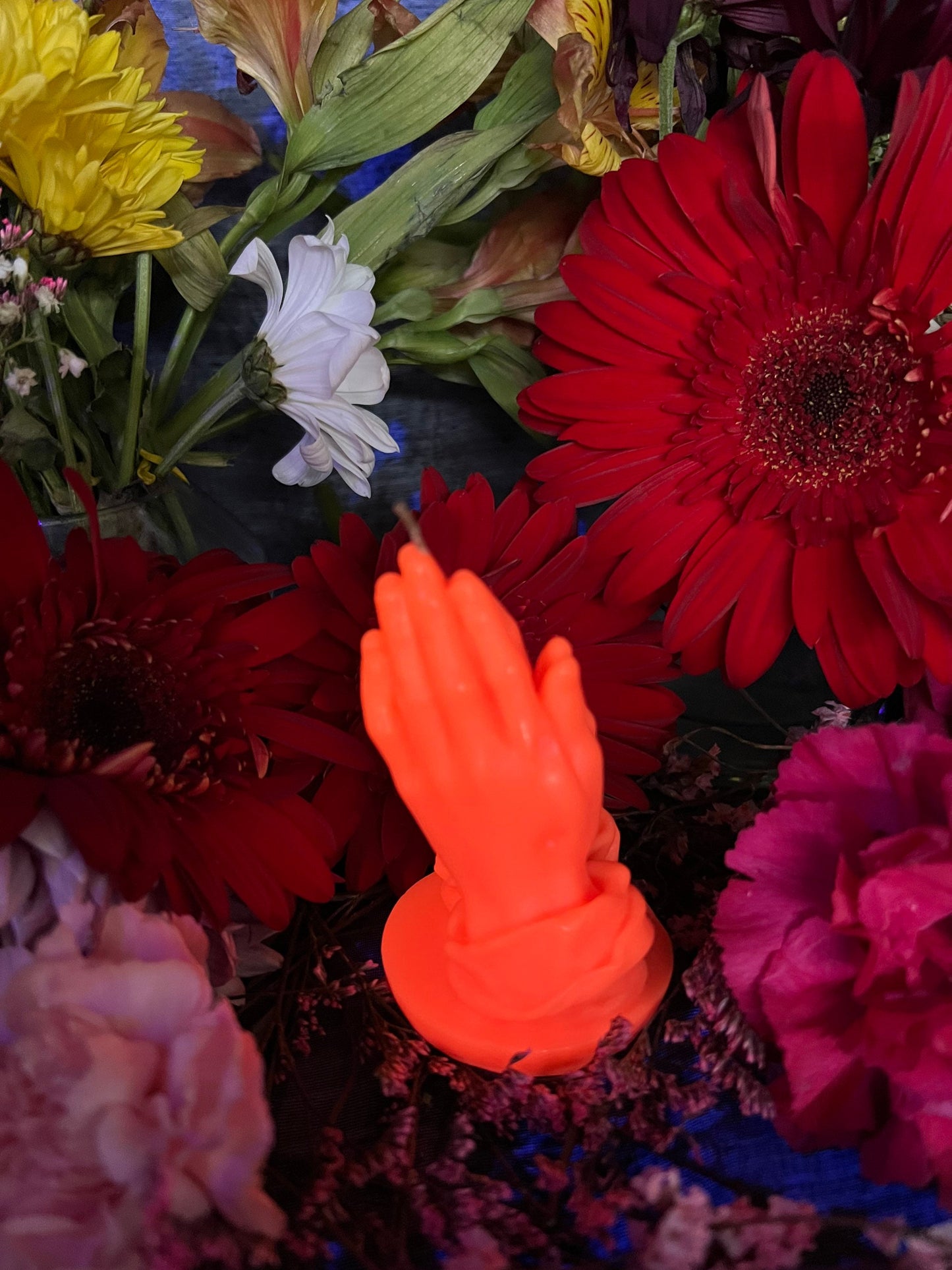 Neon Praying Hands Candle + Glows under Blacklight