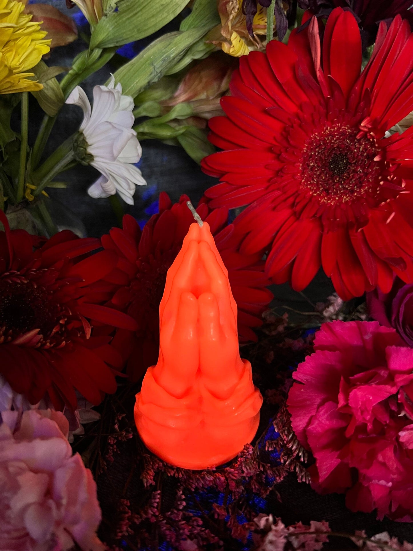 Neon Praying Hands Candle + Glows under Blacklight