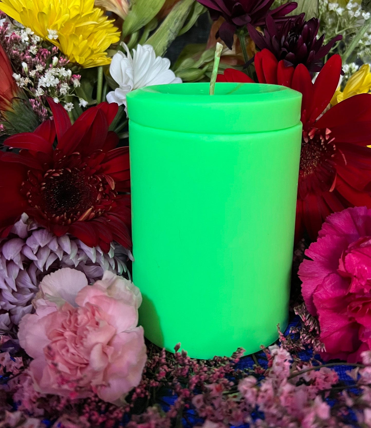 Neon Loadable Pillar Candle + 4” x 3”+ Glows under Blacklight