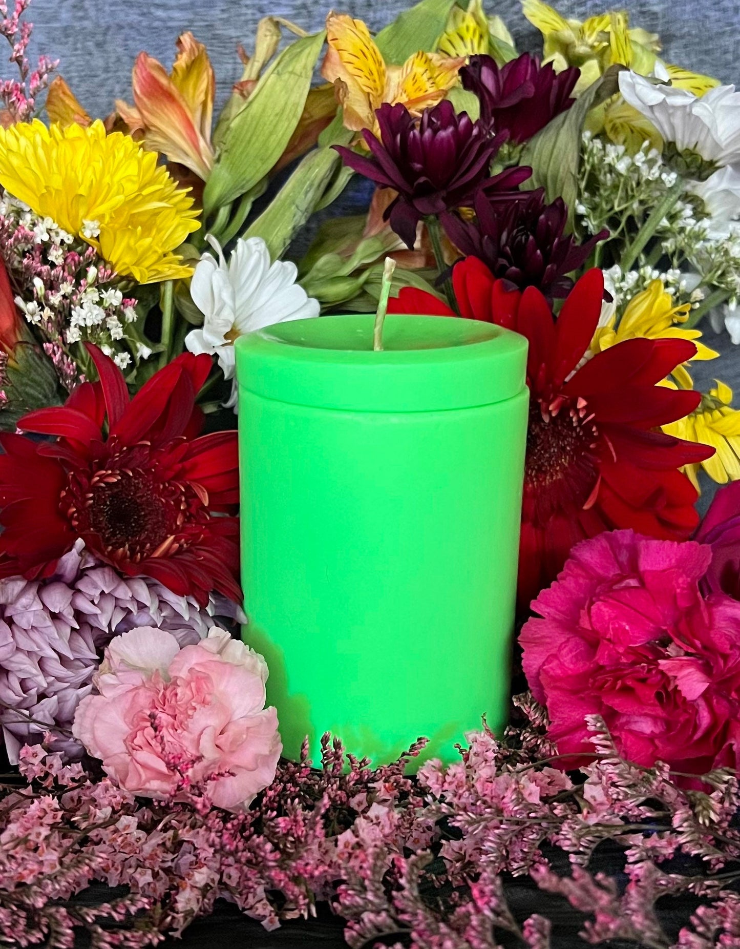 Neon Loadable Pillar Candle + 4” x 3”+ Glows under Blacklight