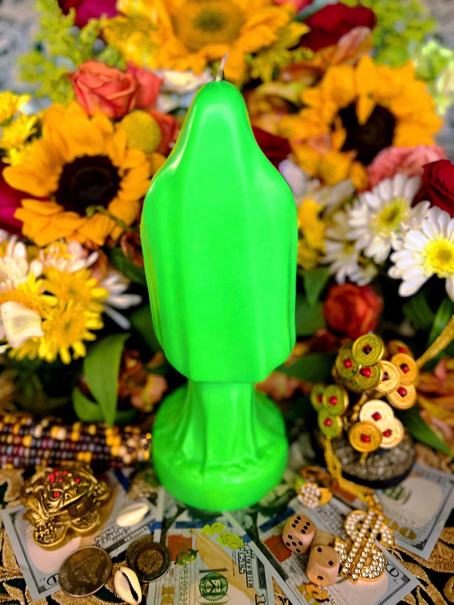 Neon Santa Muerte Figure Candle + Blessed + Glows under Blacklight