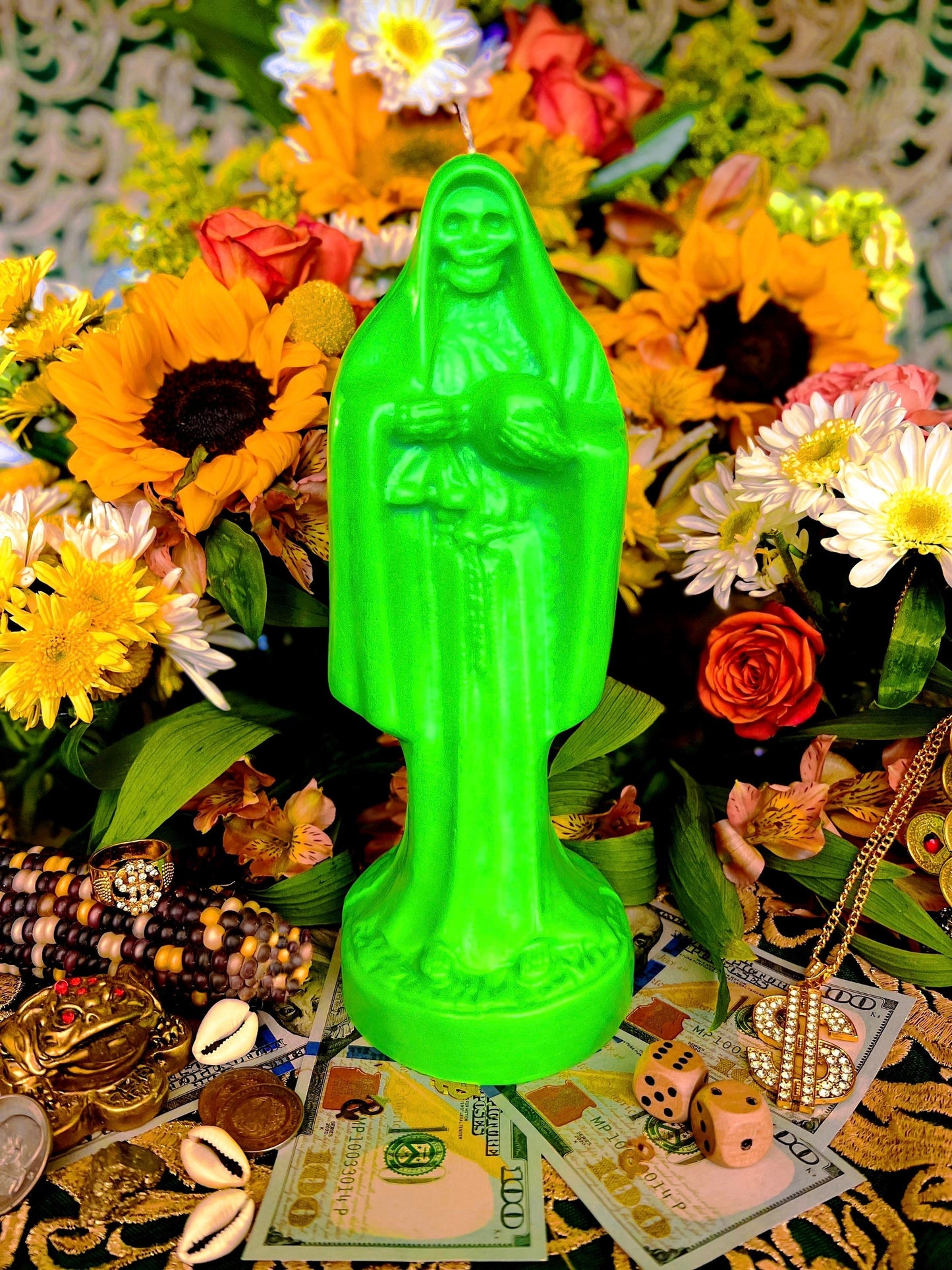 Neon Santa Muerte Figure Candle + Blessed + Glows under Blacklight