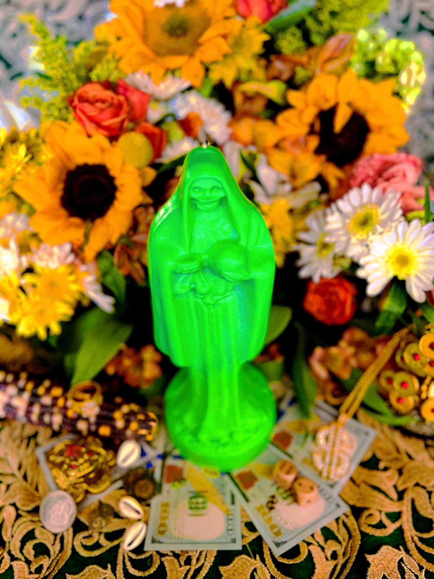 Neon Santa Muerte Figure Candle + Blessed + Glows under Blacklight