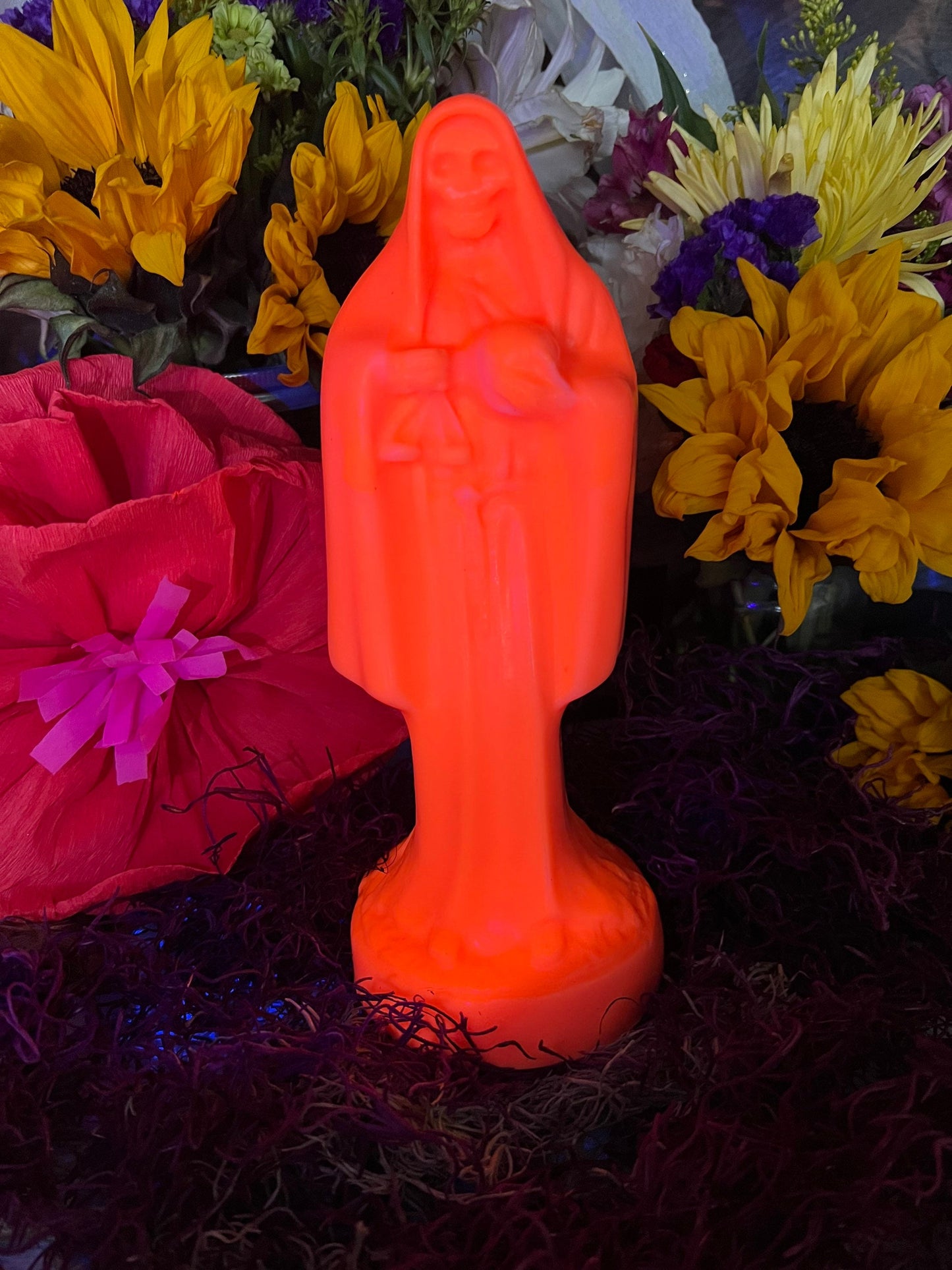 Neon Santa Muerte Figure Candle + Blessed + Glows under Blacklight
