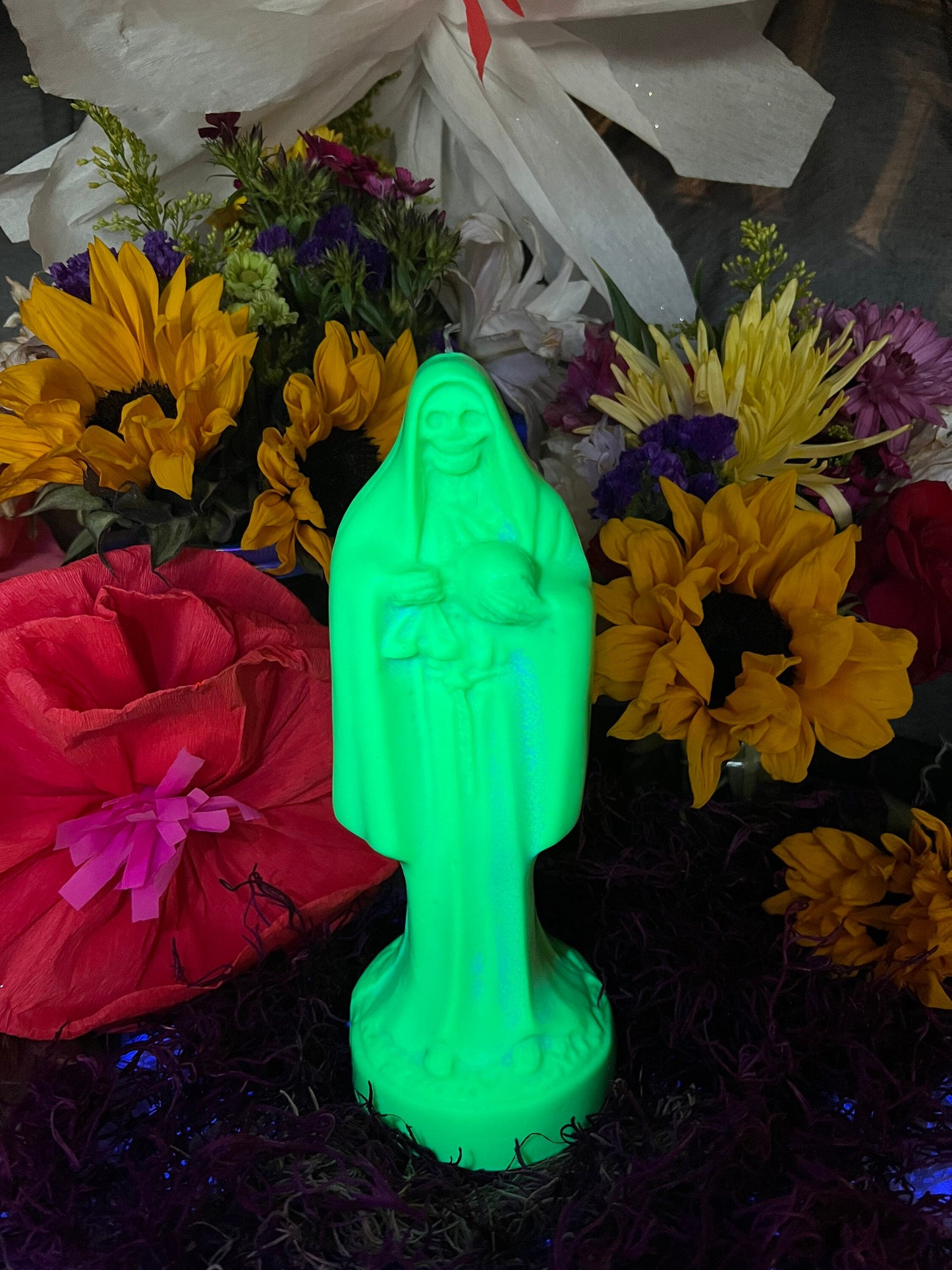 Neon Santa Muerte Figure Candle + Blessed + Glows under Blacklight