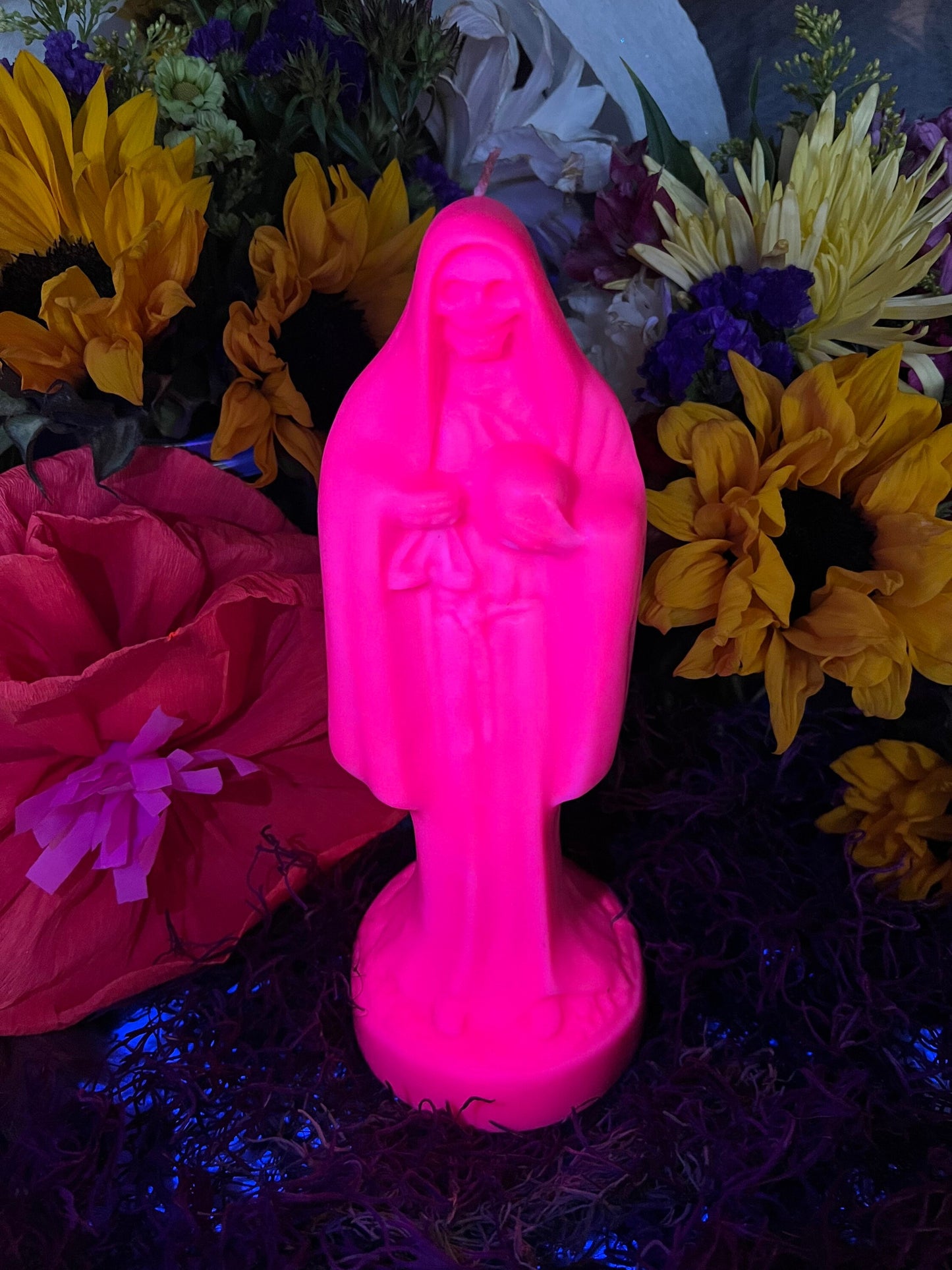 Neon Santa Muerte Figure Candle + Blessed + Glows under Blacklight