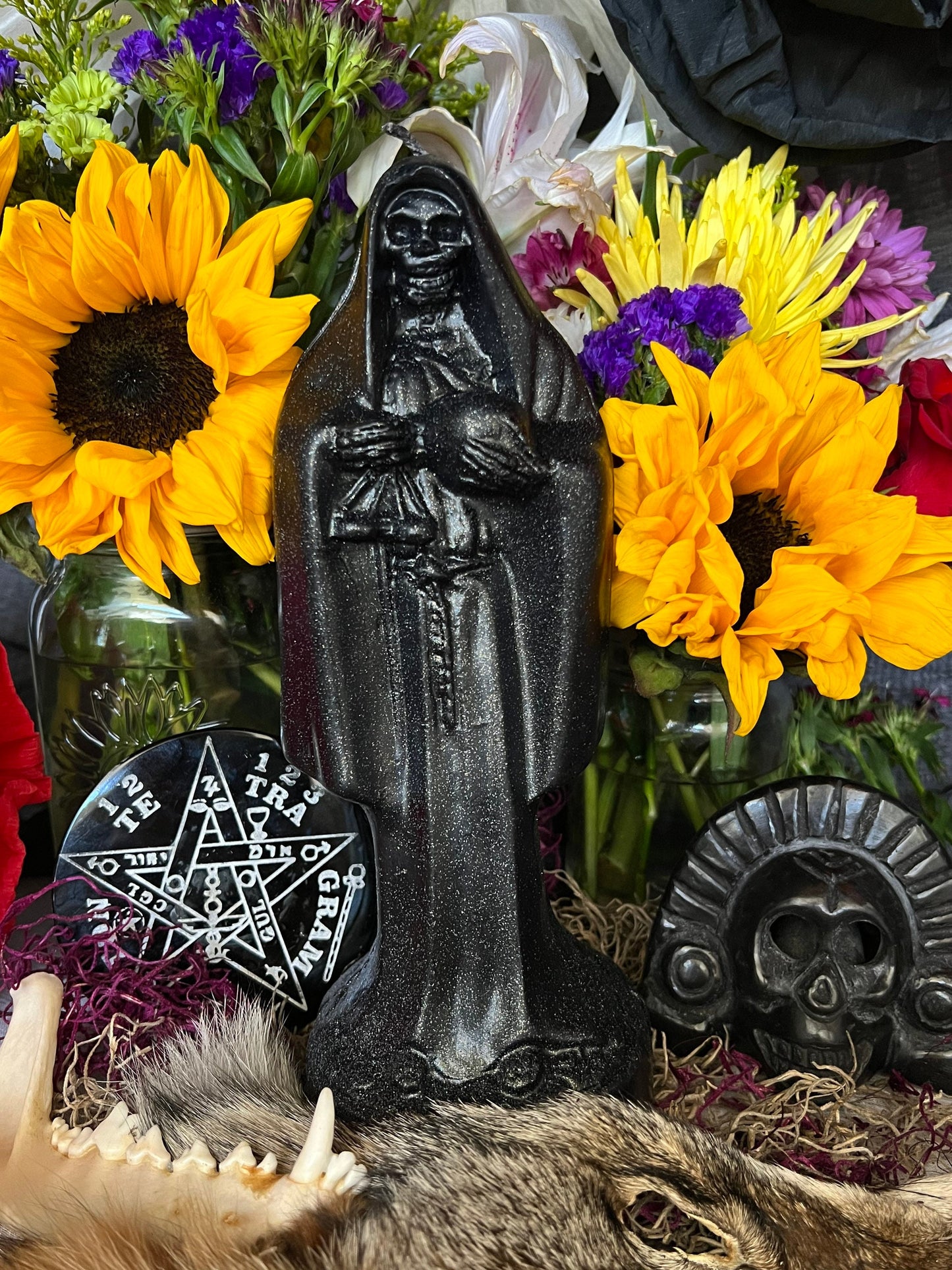 Santa Muerte Negra Candle + Protection + Binding + Reversing + 24K Gold