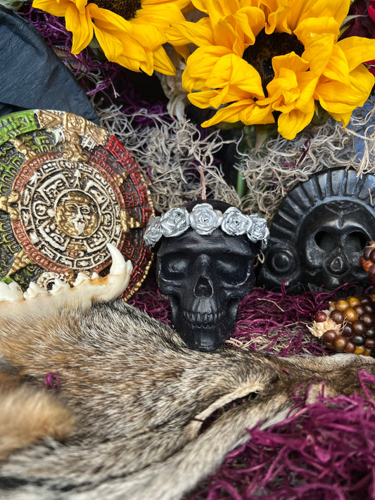 Skull Candle with Silver Roses + Ancestors + Hand Painted