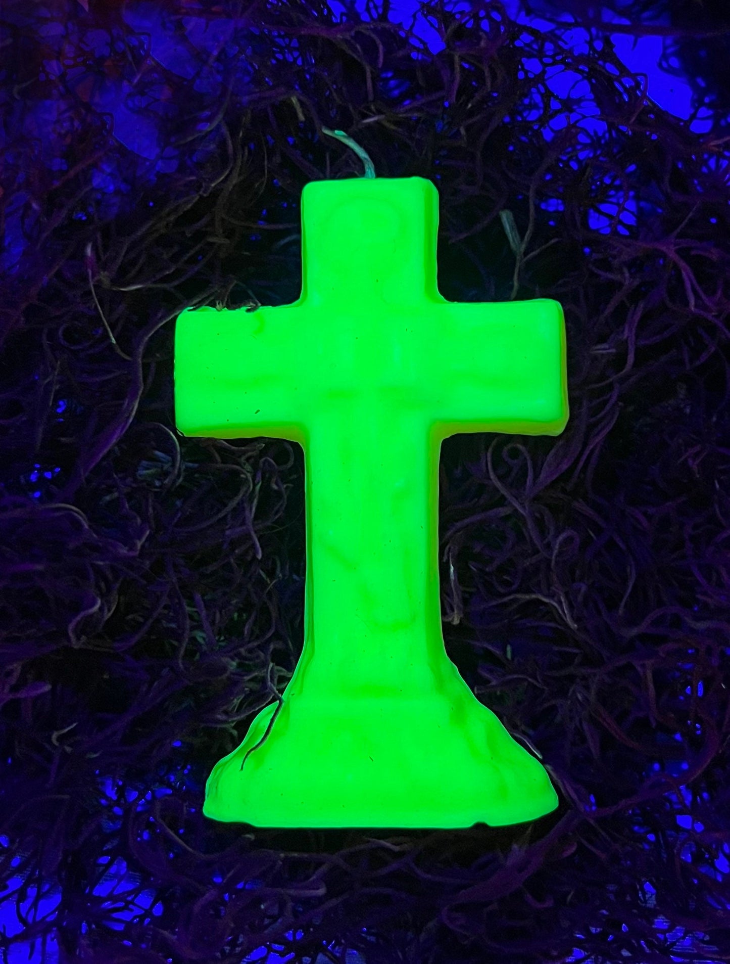 Neon Crucifix Candle + Cross + Hoodoo + Conjure + Glows Under Blacklight