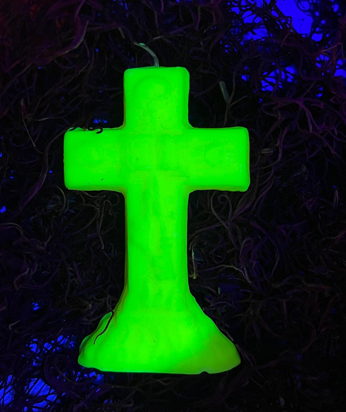 Neon Crucifix Candle + Cross + Hoodoo + Conjure + Glows Under Blacklight