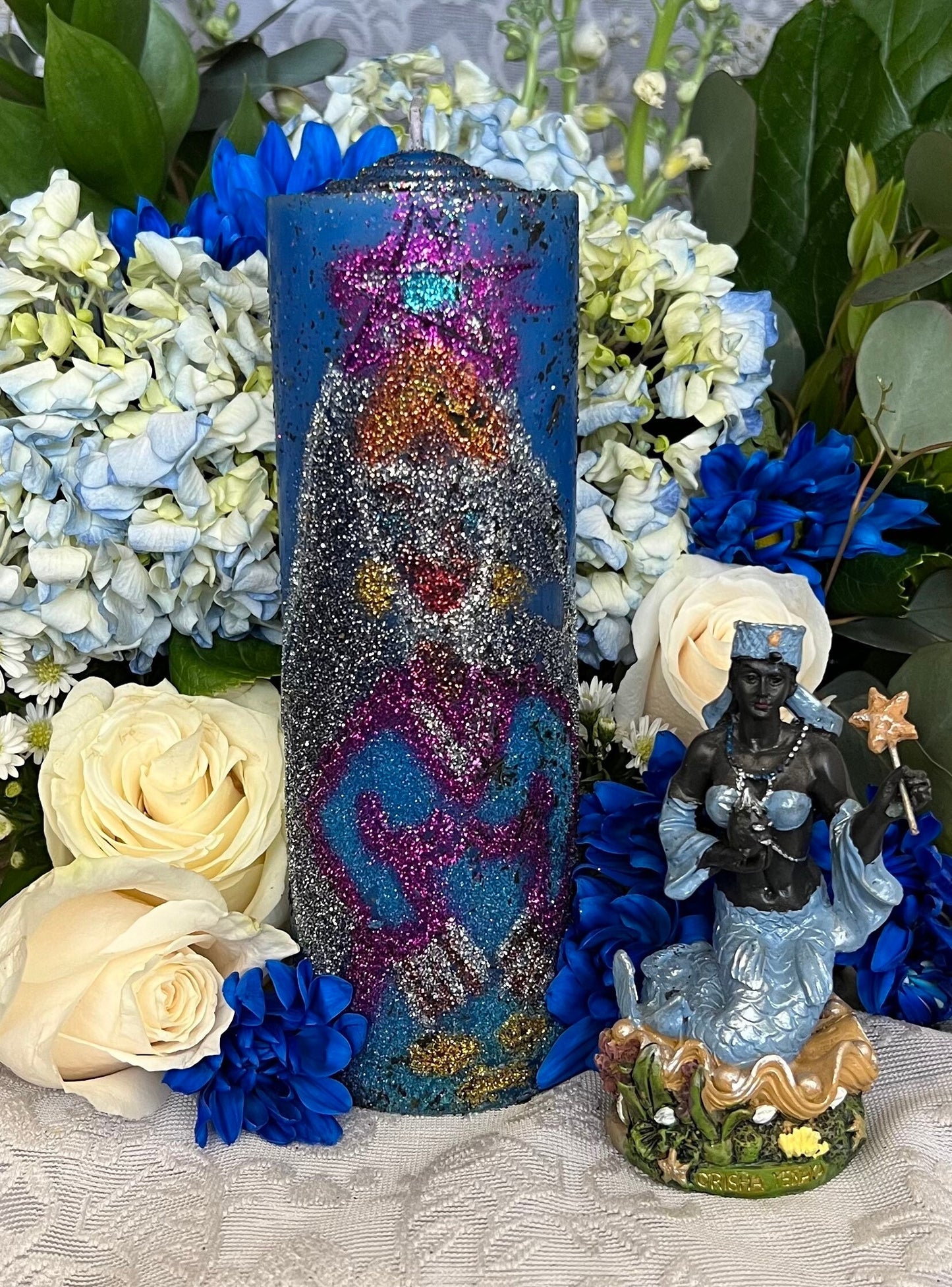 Yemaya Hand Carved Candle + Family Protection + Orisha + Santeria + Ifa + Yoruba + Lukumi + Santerismo