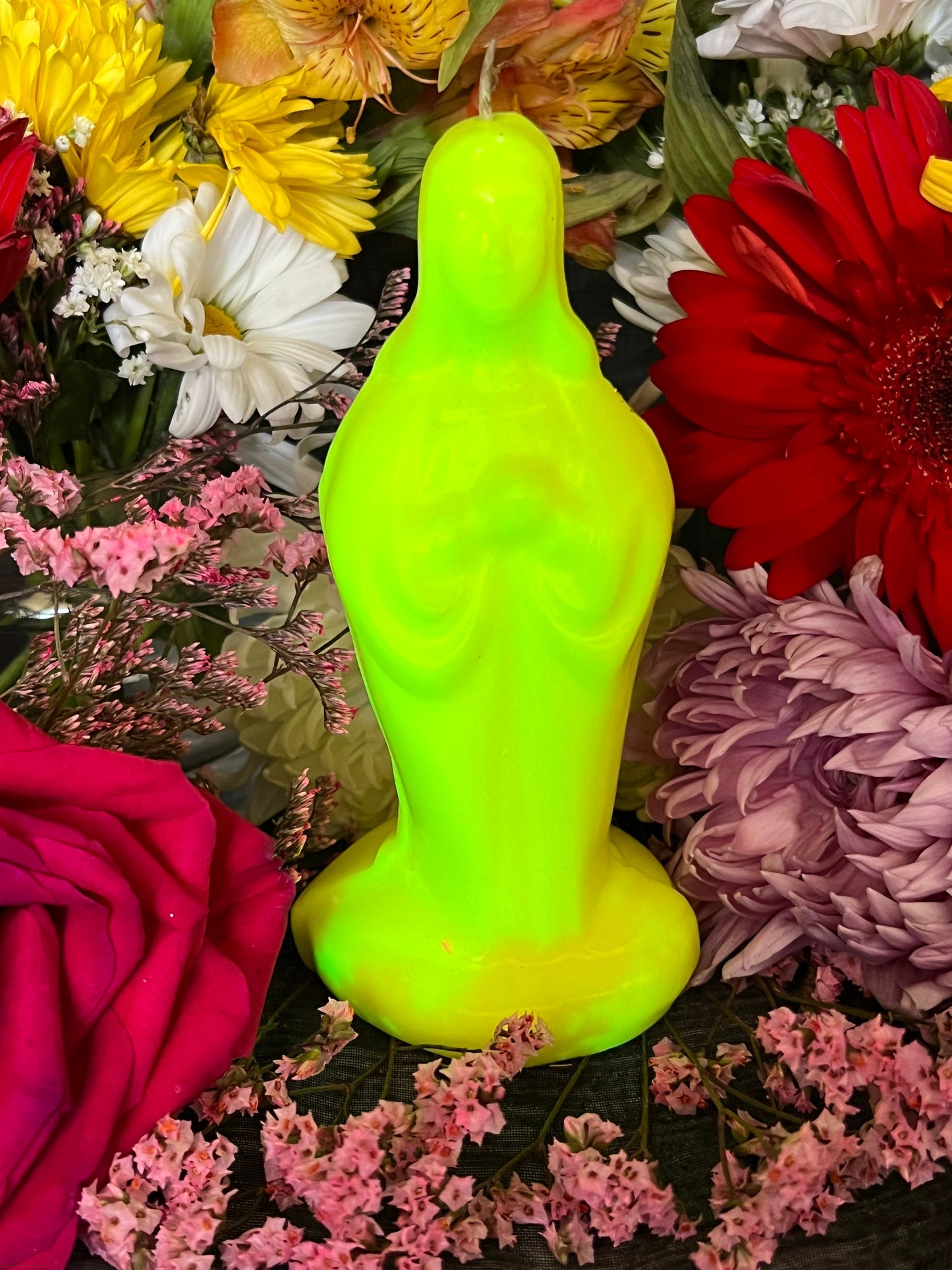 6” Neon Praying Mary Candle + Blessings + Spirituality + Glows under Blacklight