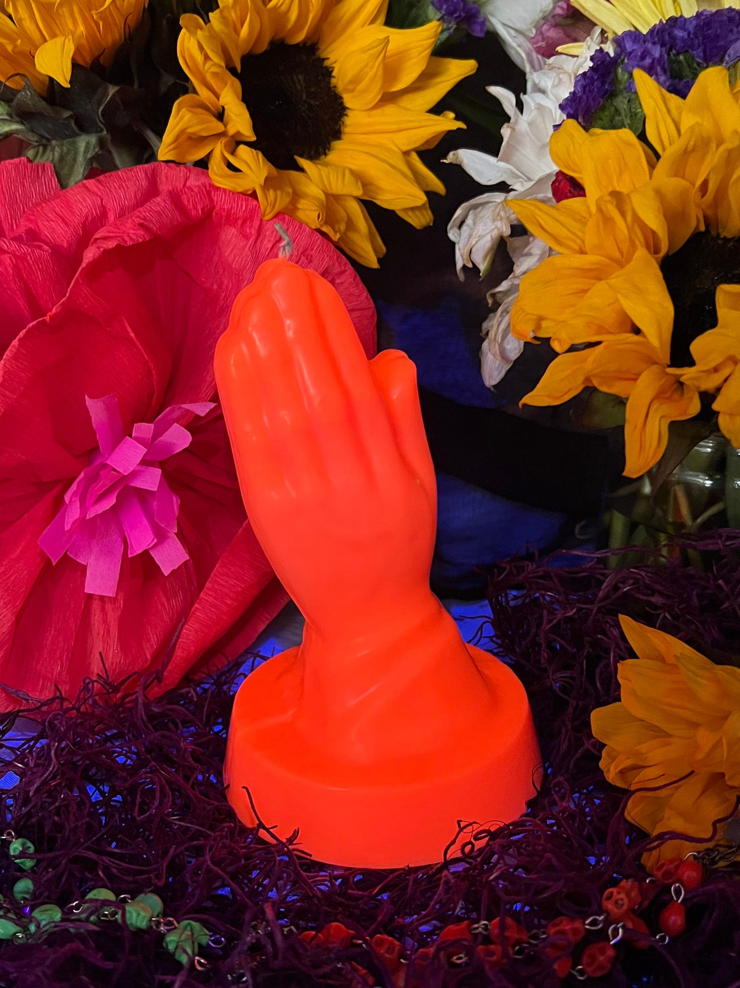Large Neon Praying Hands Candle + Glows under Blacklight