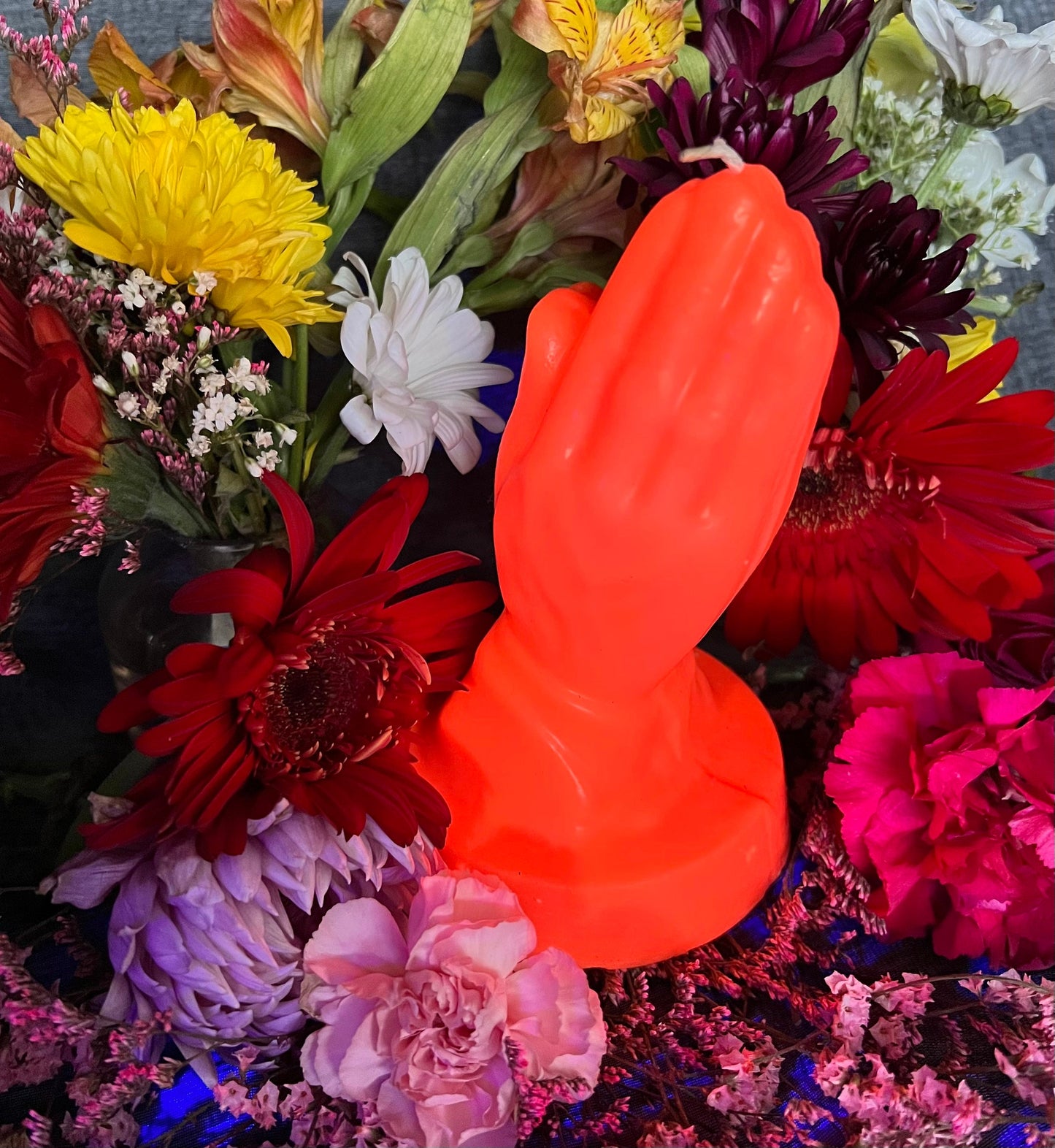 Large Neon Praying Hands Candle + Glows under Blacklight