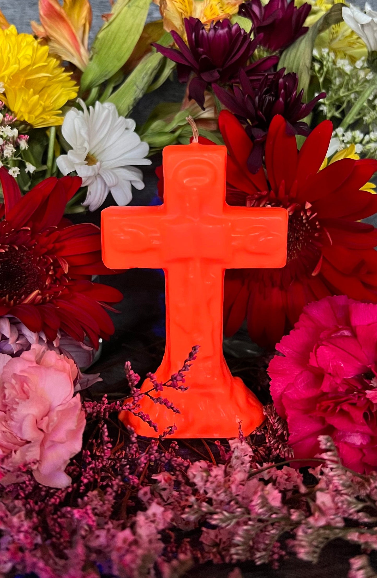 Neon Crucifix Candle + Cross + Hoodoo + Conjure + Glows Under Blacklight