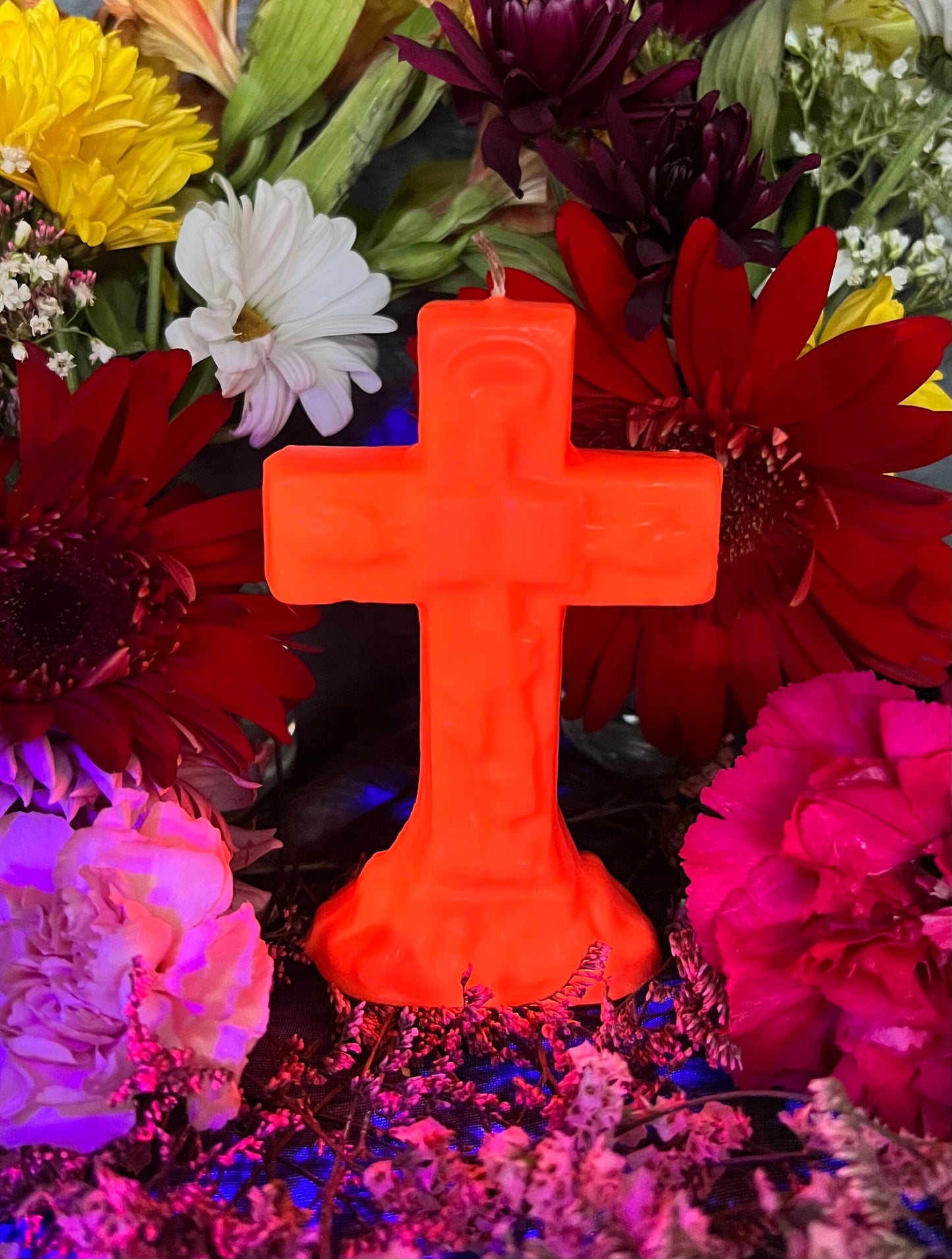 Neon Crucifix Candle + Cross + Hoodoo + Conjure + Glows Under Blacklight