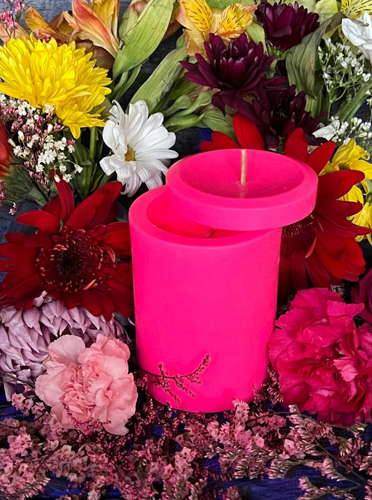 Neon Loadable Pillar Candle + 4” x 3”+ Glows under Blacklight