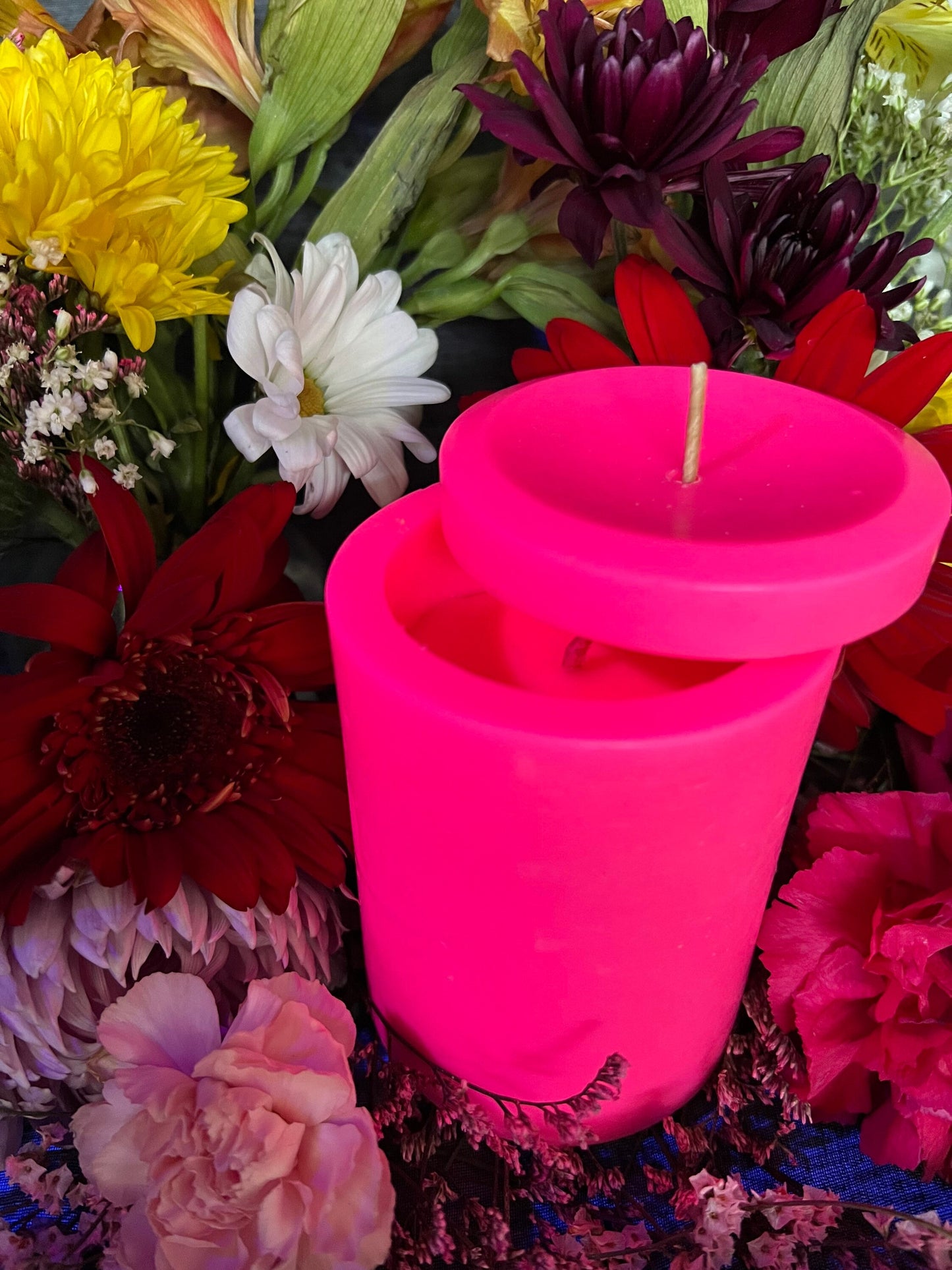 Neon Loadable Pillar Candle + 4” x 3”+ Glows under Blacklight