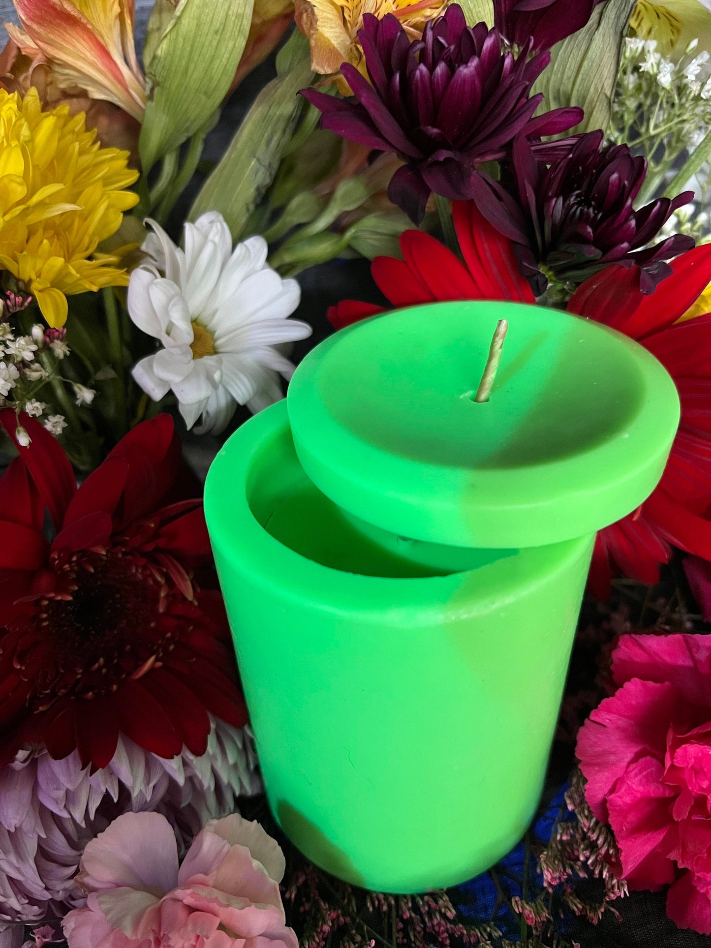 Neon Loadable Pillar Candle + 4” x 3”+ Glows under Blacklight