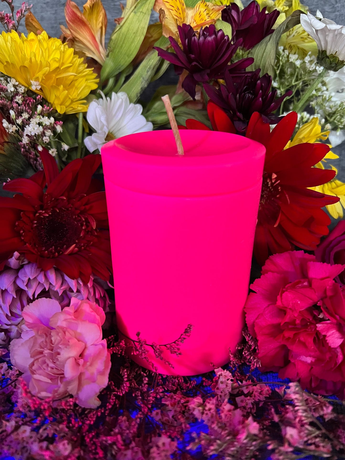 Neon Loadable Pillar Candle + 4” x 3”+ Glows under Blacklight