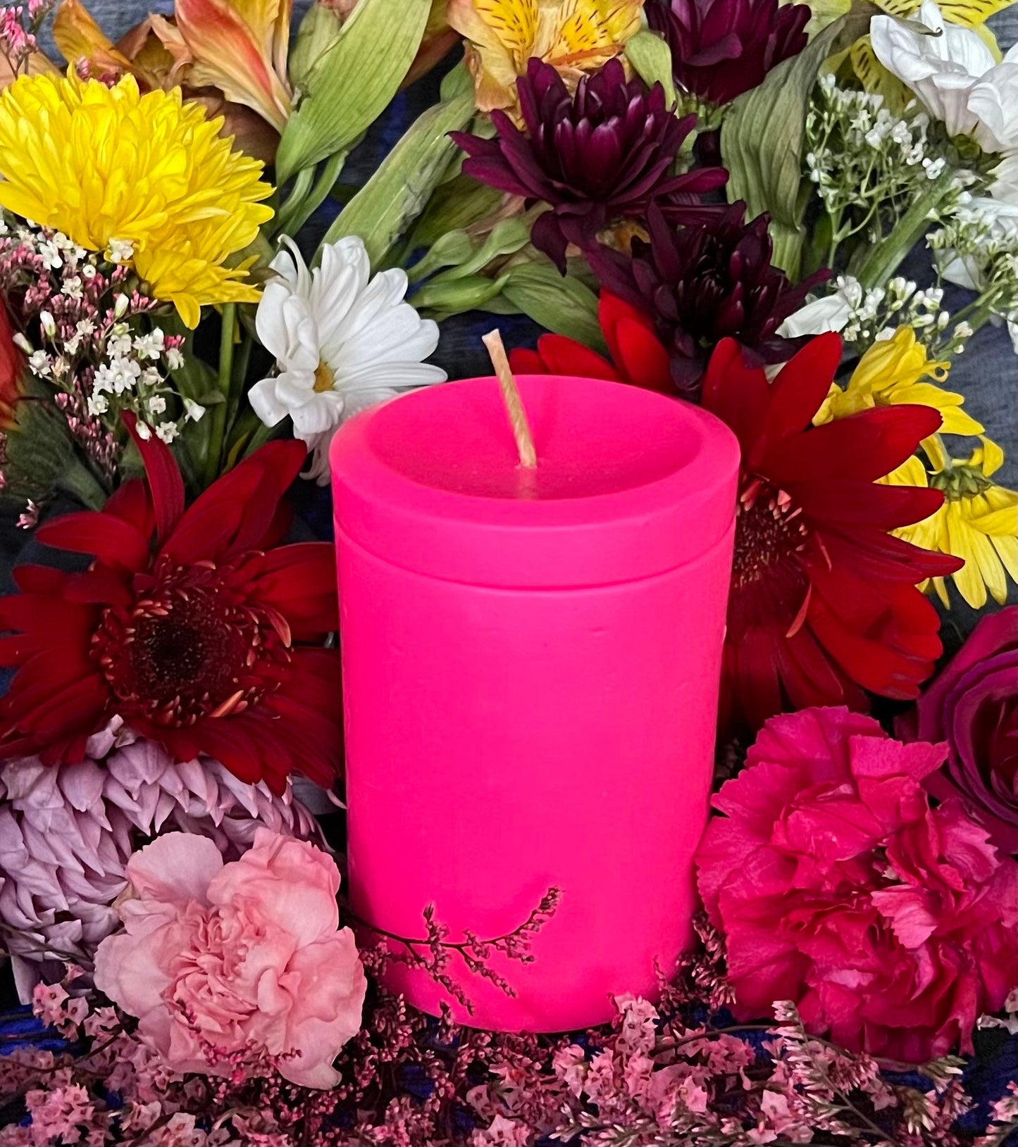 Neon Loadable Pillar Candle + 4” x 3”+ Glows under Blacklight