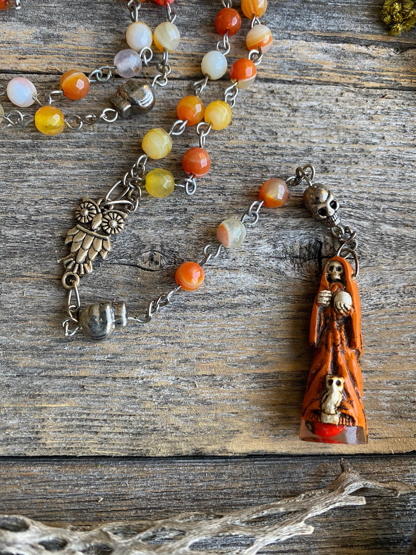 Santa Muerte Naranja Rosary + Orange Agate + Blessed + Sterling Silver Plated Chain + Rosario + Gemstone