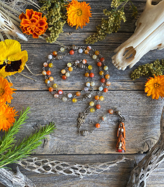 Santa Muerte Naranja Rosary + Orange Agate + Blessed + Sterling Silver Plated Chain + Rosario + Gemstone