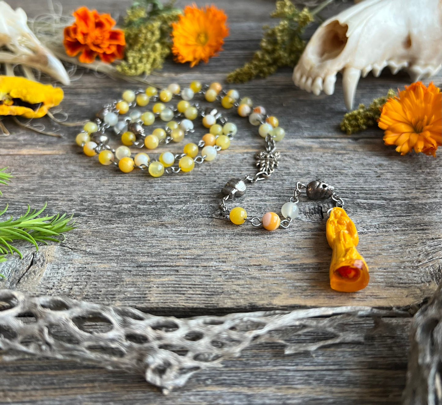 Santa Muerte Amarilla Rosary + Yellow Agate + Blessed + Handcrafted + Gemstone + Sterling Silver Plated Chain + Rosario