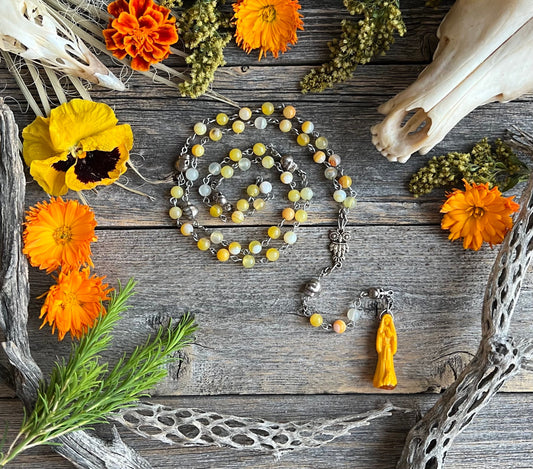 Santa Muerte Amarilla Rosary + Yellow Agate + Blessed + Handcrafted + Gemstone + Sterling Silver Plated Chain + Rosario